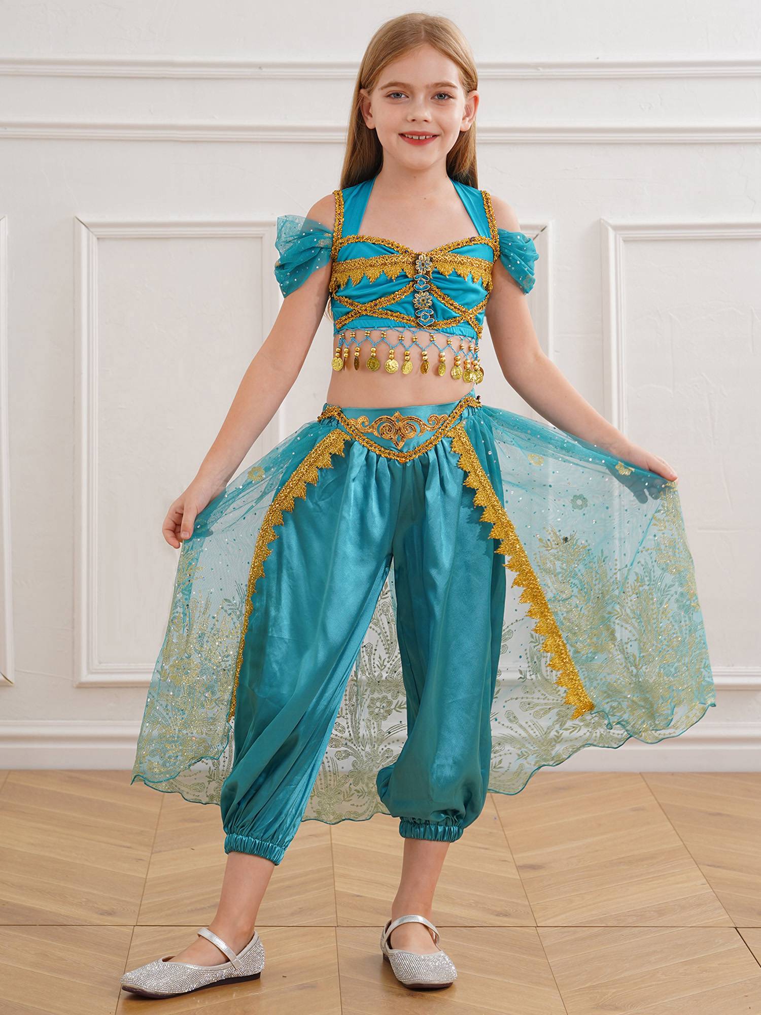 Kids Girl Short Sleeve Sequins Crop Top and Pants Set Arabian Princess Costume