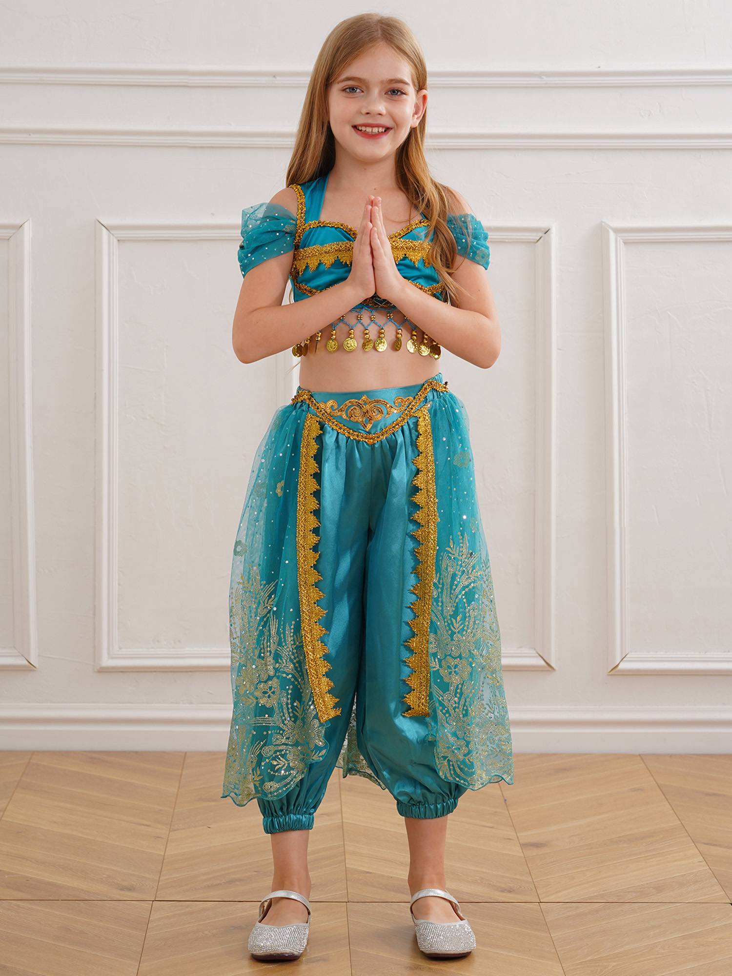 Kids Girl Short Sleeve Sequins Crop Top and Pants Set Arabian Princess Costume