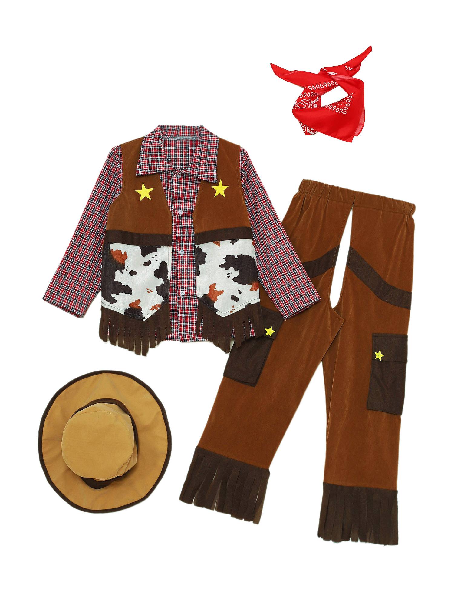 Boys 5pcs Gingham Plaid Long Sleeve Shirt with Pants and Vest Cowboy Costume Set