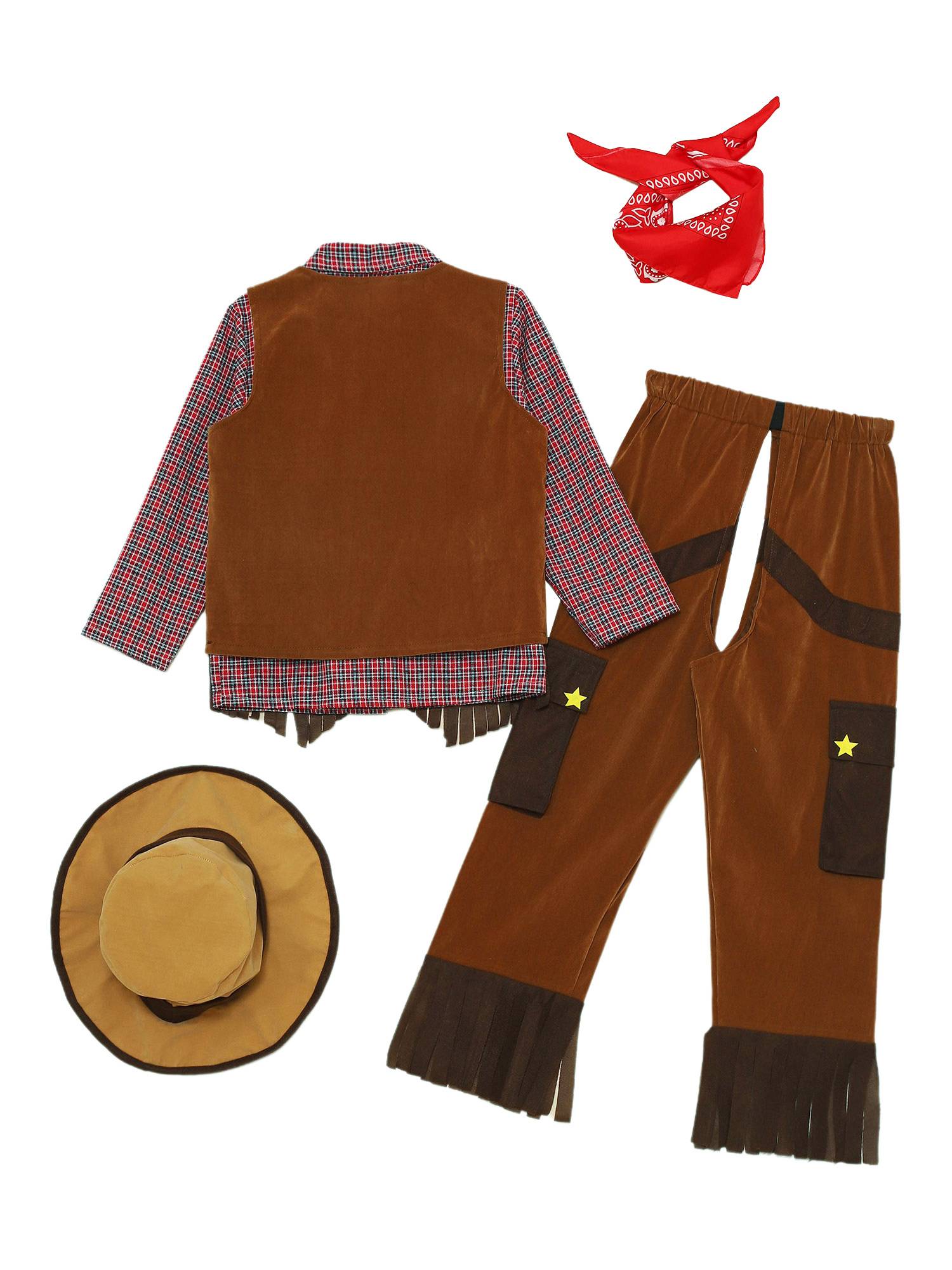 Boys 5pcs Gingham Plaid Long Sleeve Shirt with Pants and Vest Cowboy Costume Set