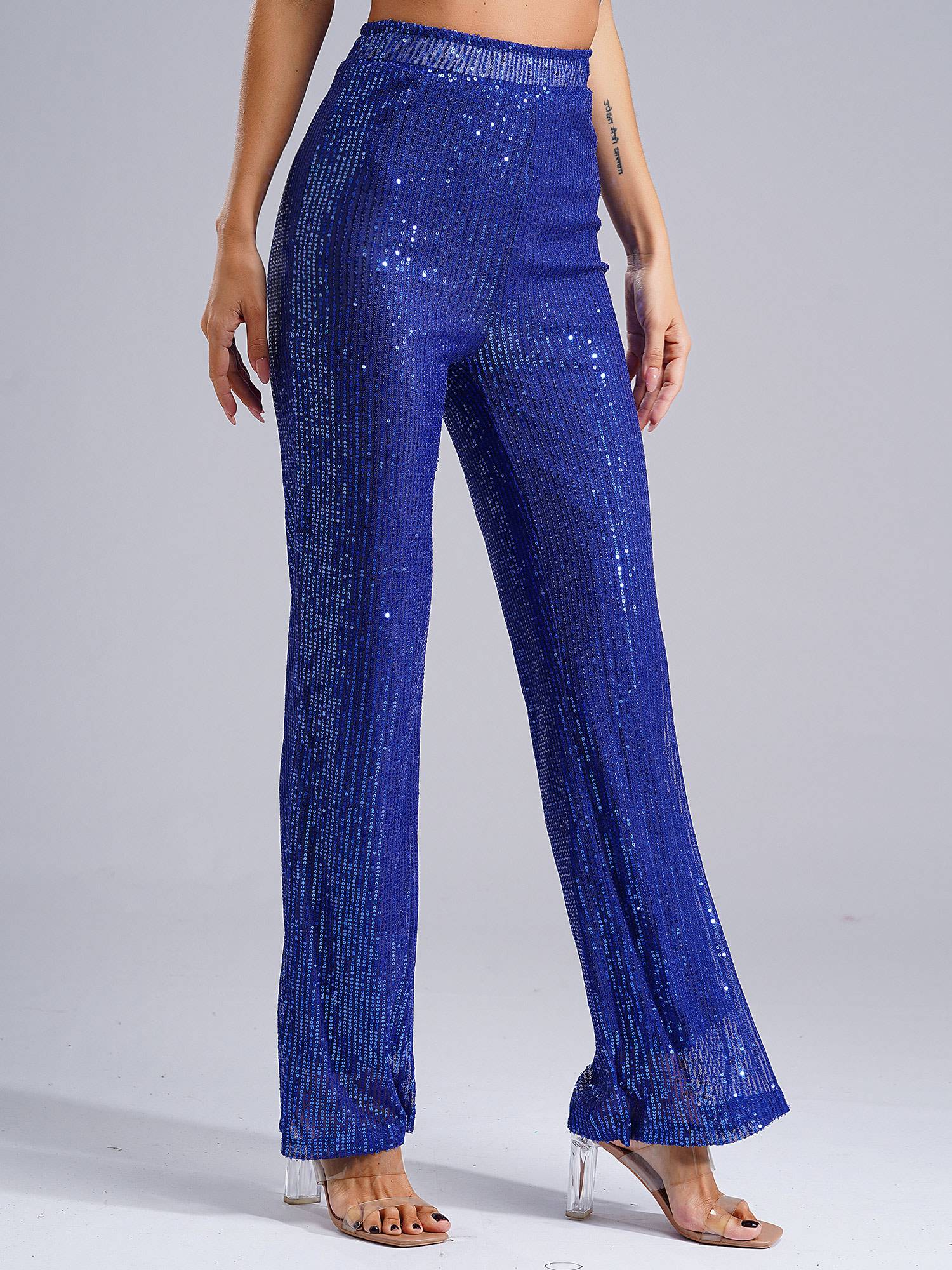 Women High Waist Glitter Sequins Loose Pants for Dance Party