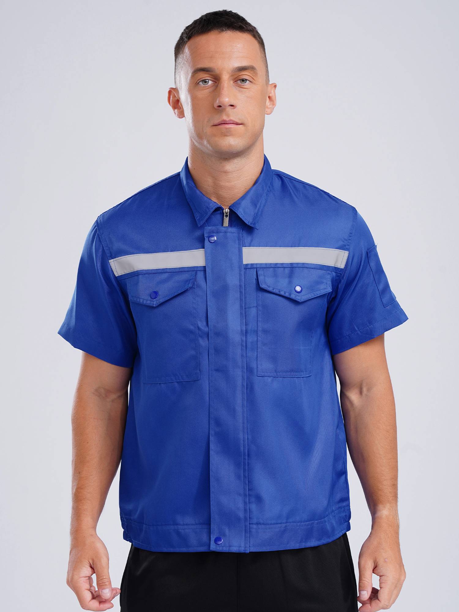 Men Short Sleeve High Visibility Reflective Stripes Zipper Work Shirt