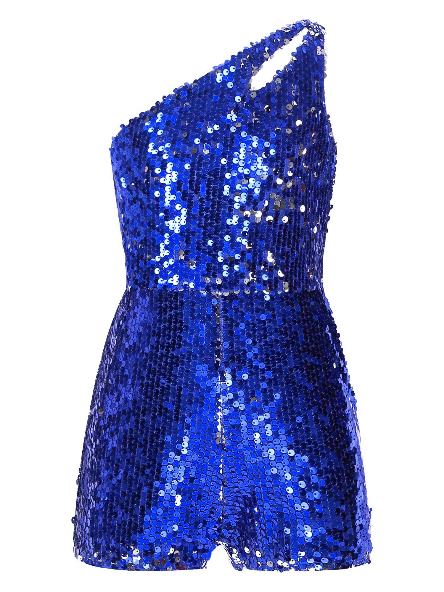 Kids Girls Sequin One Shoulder Sleeveless Prom Romper