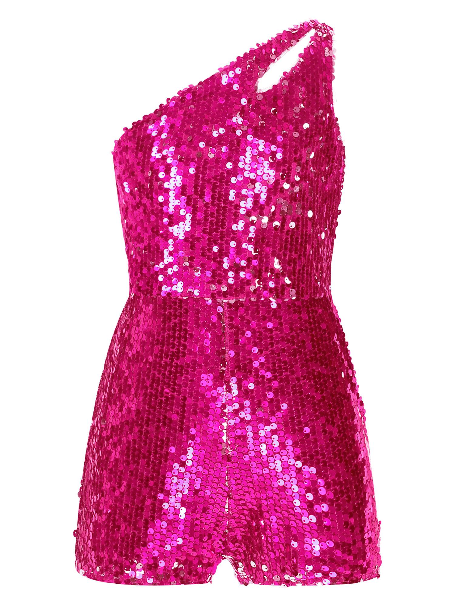 Kids Girls Sequin One Shoulder Sleeveless Prom Romper
