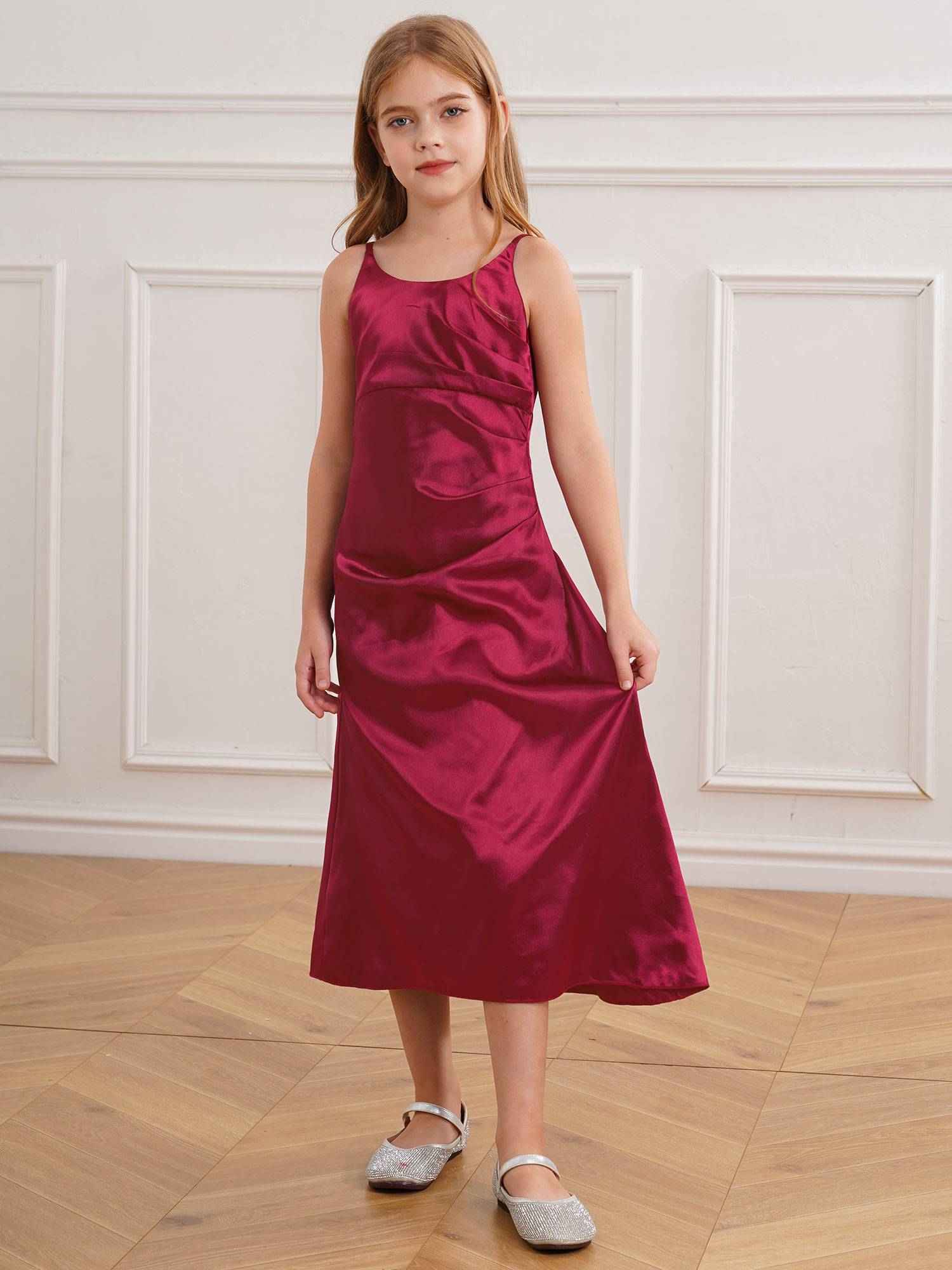 Kids Girls Satin Junior Bridesmaid Dress Straps Solid Color Tea Length Dress