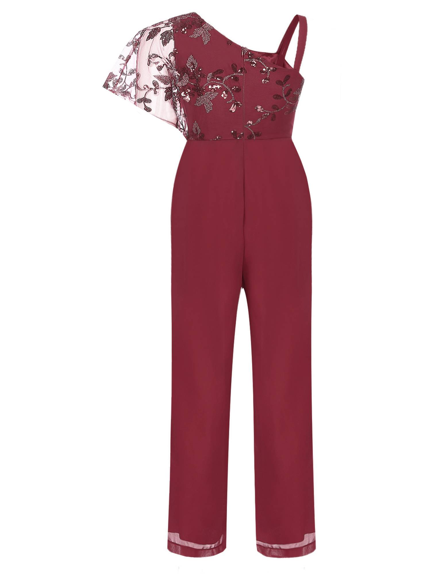 Women Embroidered Lace Sequined Asymmetric Shoulder High Waist Jumpsuit