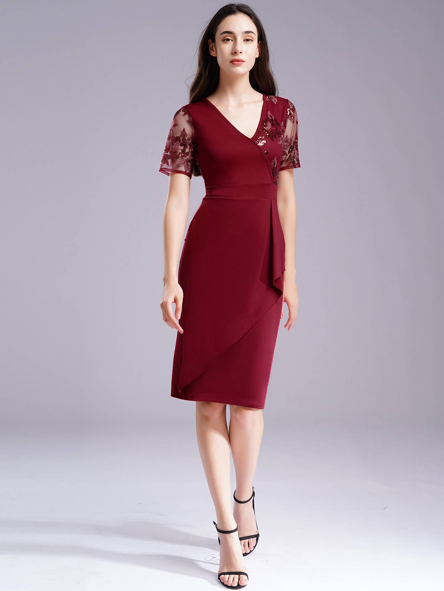 Women Pencil Dress V Neck Short Sleeve Sequin Tulle Bodycon Dress for Cocktail