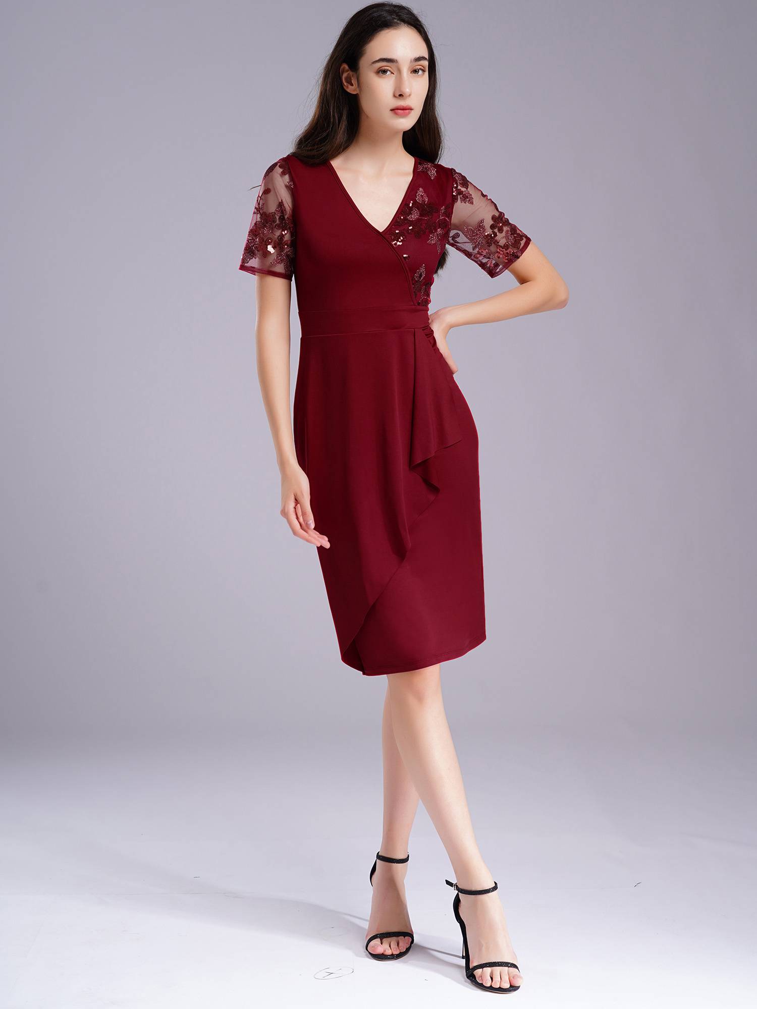 Women Pencil Dress V Neck Short Sleeve Sequin Tulle Bodycon Dress for Cocktail