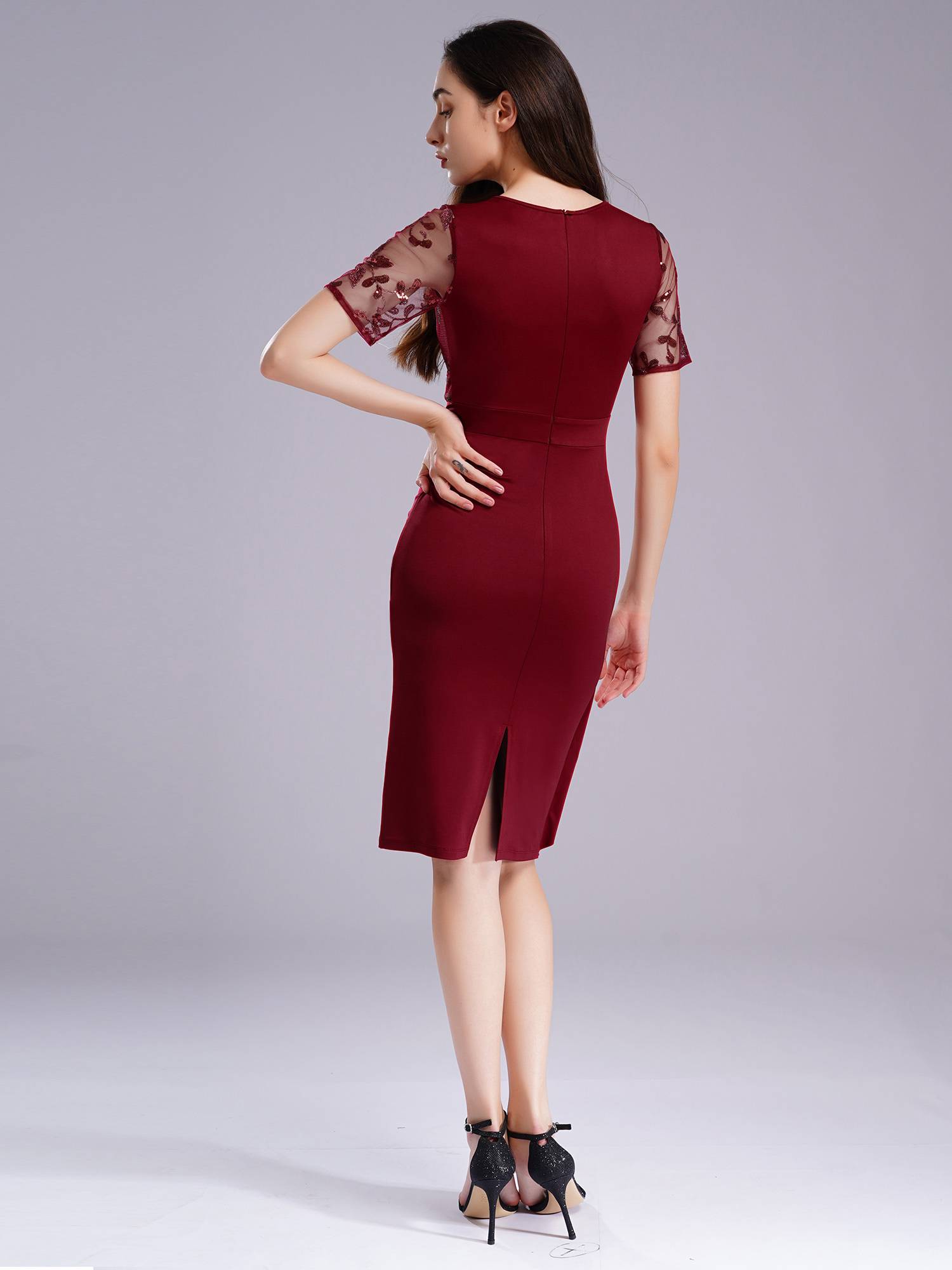 Women Pencil Dress V Neck Short Sleeve Sequin Tulle Bodycon Dress for Cocktail