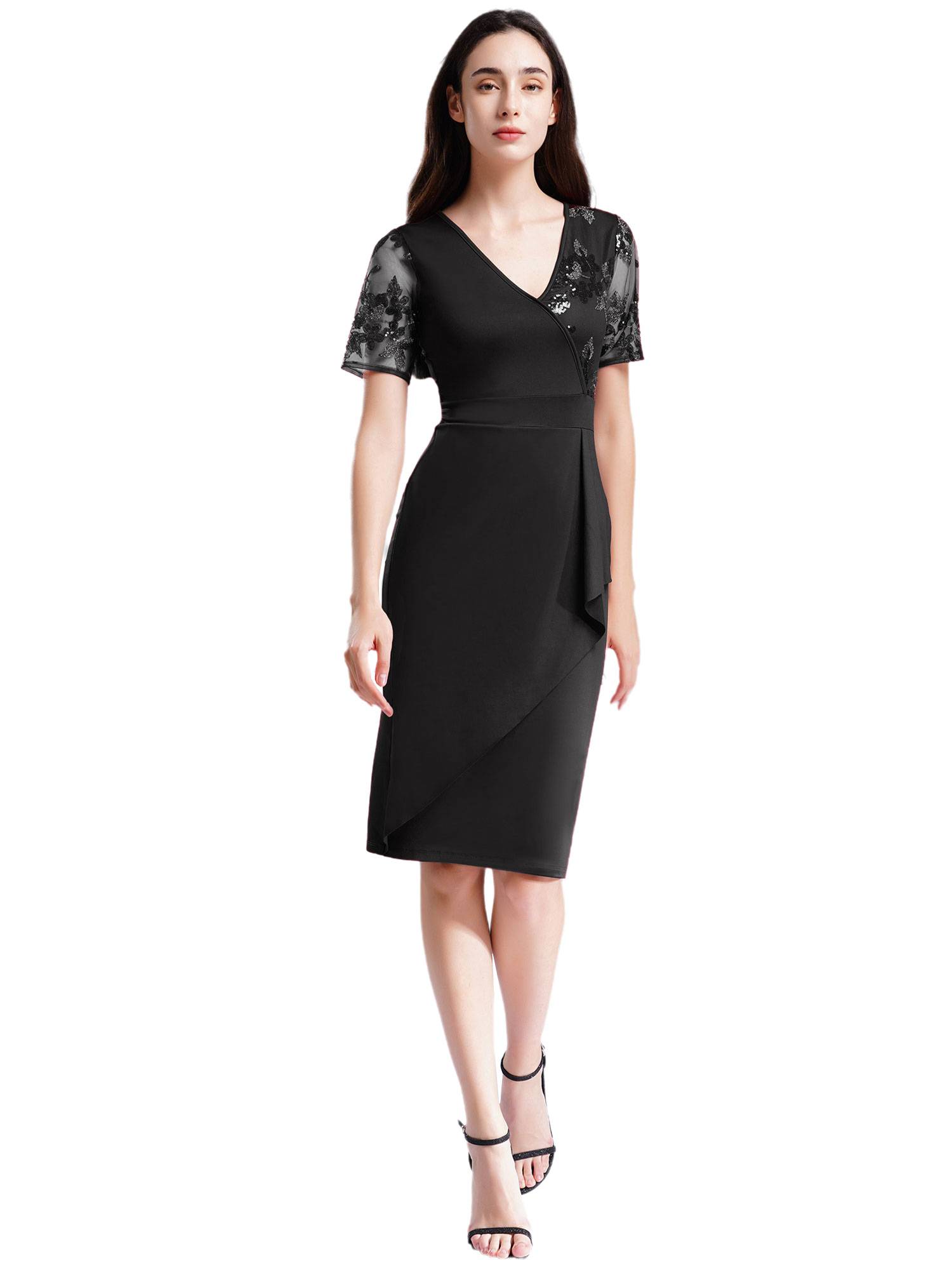 Women Pencil Dress V Neck Short Sleeve Sequin Tulle Bodycon Dress for Cocktail