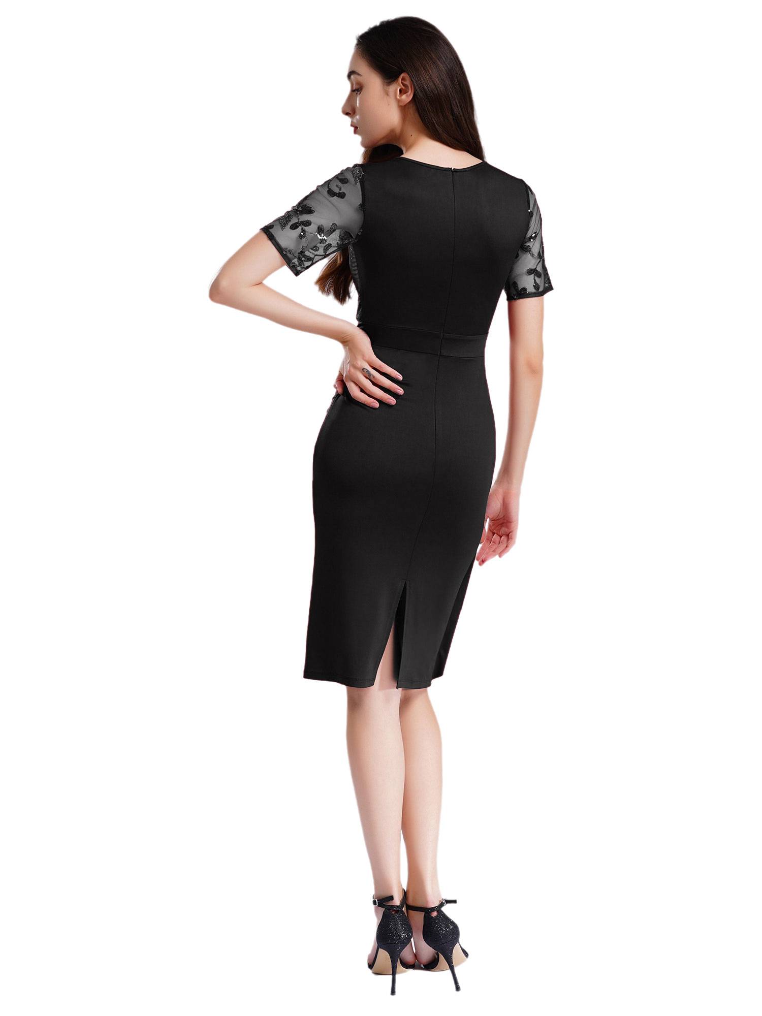 Women Pencil Dress V Neck Short Sleeve Sequin Tulle Bodycon Dress for Cocktail