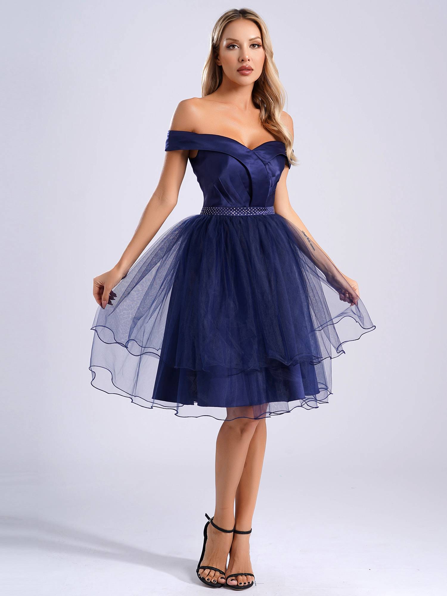 Women Off Shoulder Built-in Pad Rhinestones Tulle A-line Prom Dress