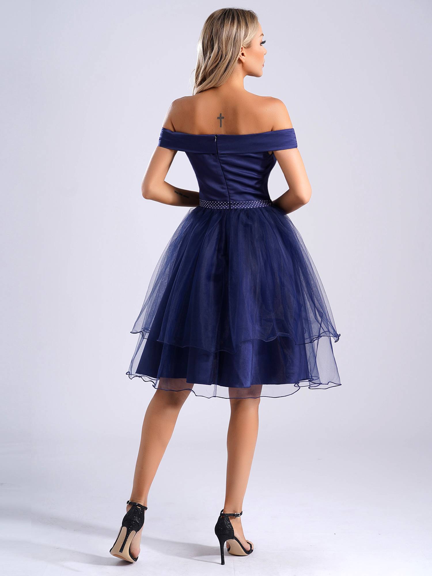 Women Off Shoulder Built-in Pad Rhinestones Tulle A-line Prom Dress