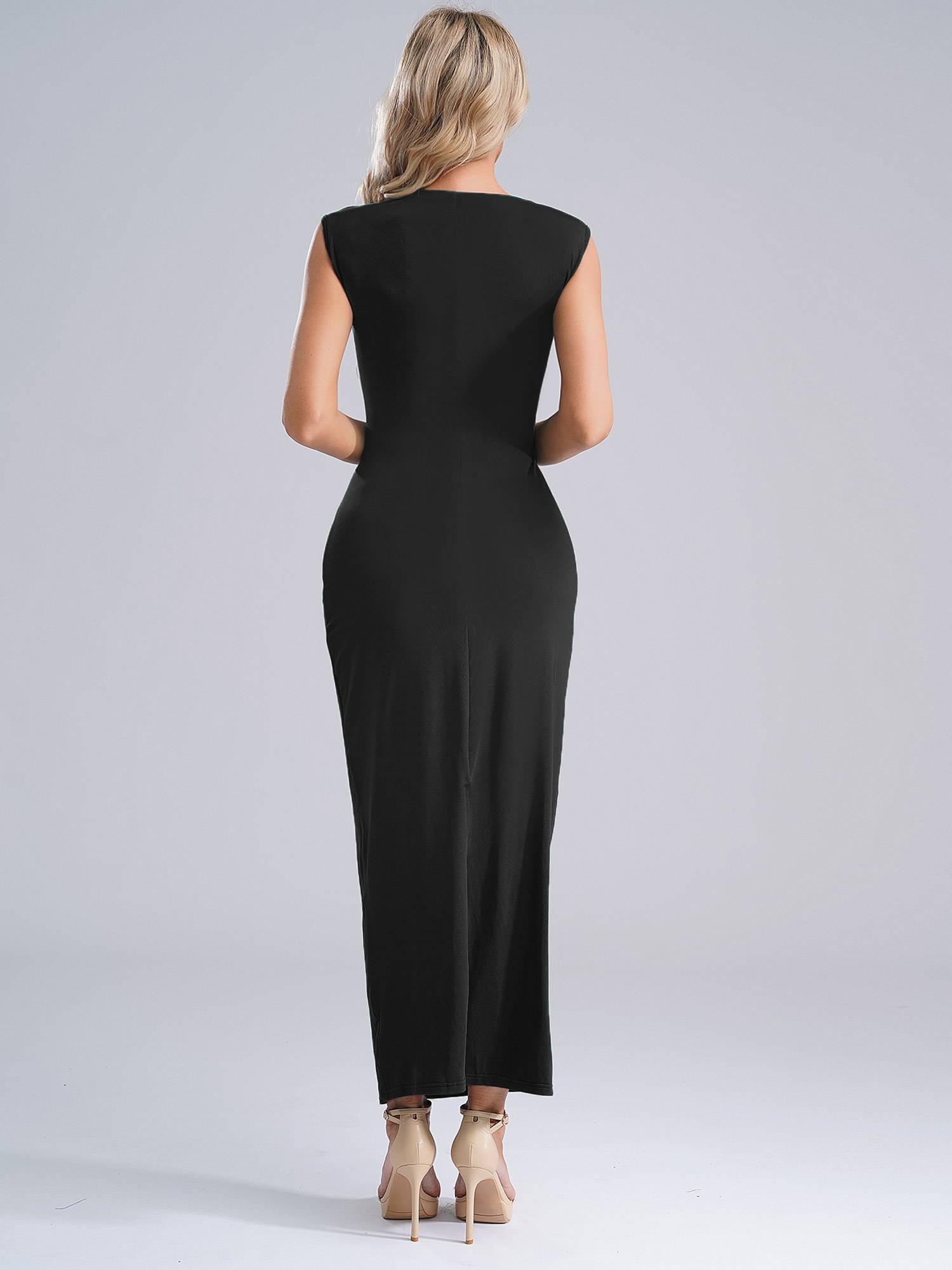 Women Bodycon Dress Mock Neck Sleeveless High Waist Split Cocktail Dress