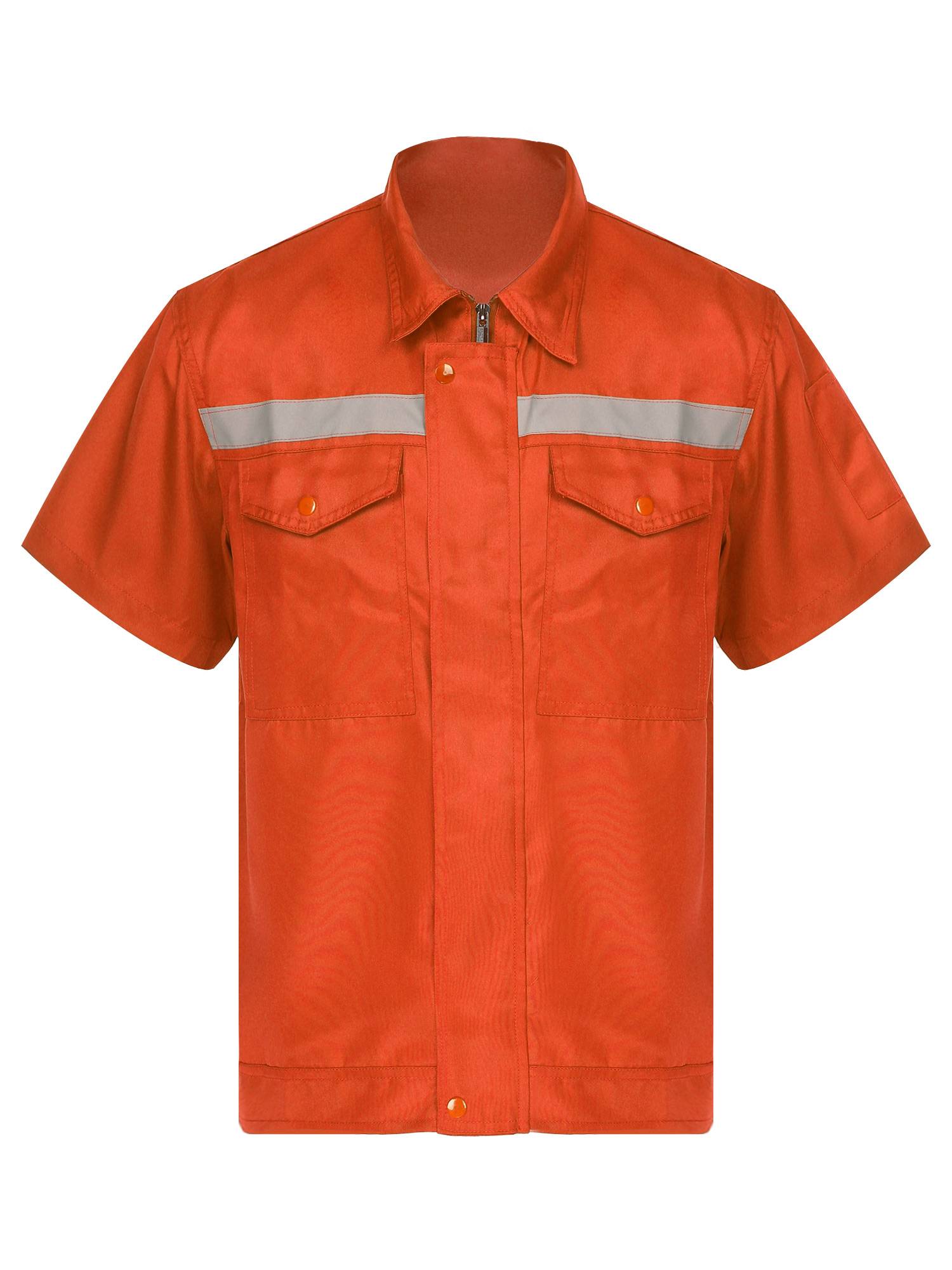 Men Short Sleeve High Visibility Reflective Stripes Zipper Work Shirt