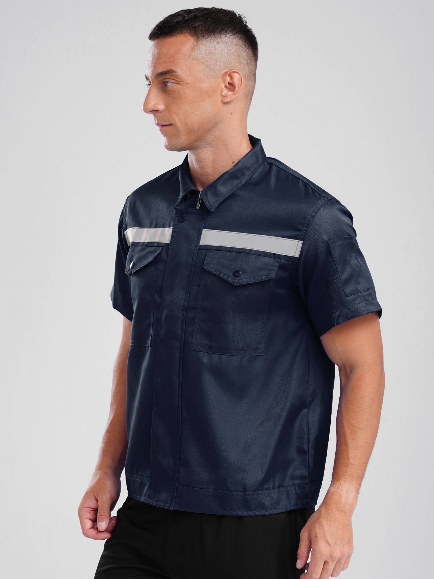 Men Short Sleeve High Visibility Reflective Stripes Zipper Work Shirt