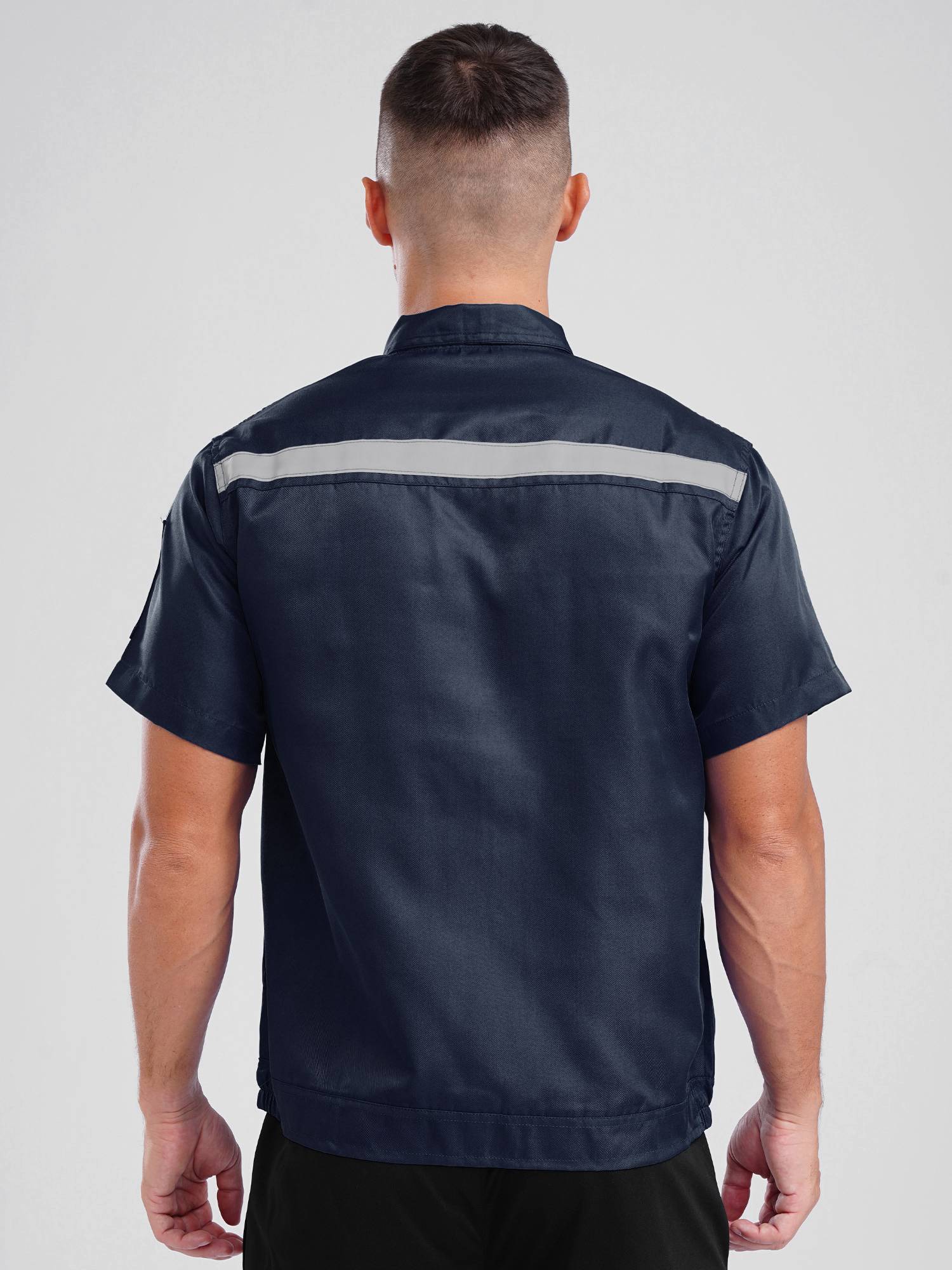 Men Short Sleeve High Visibility Reflective Stripes Zipper Work Shirt