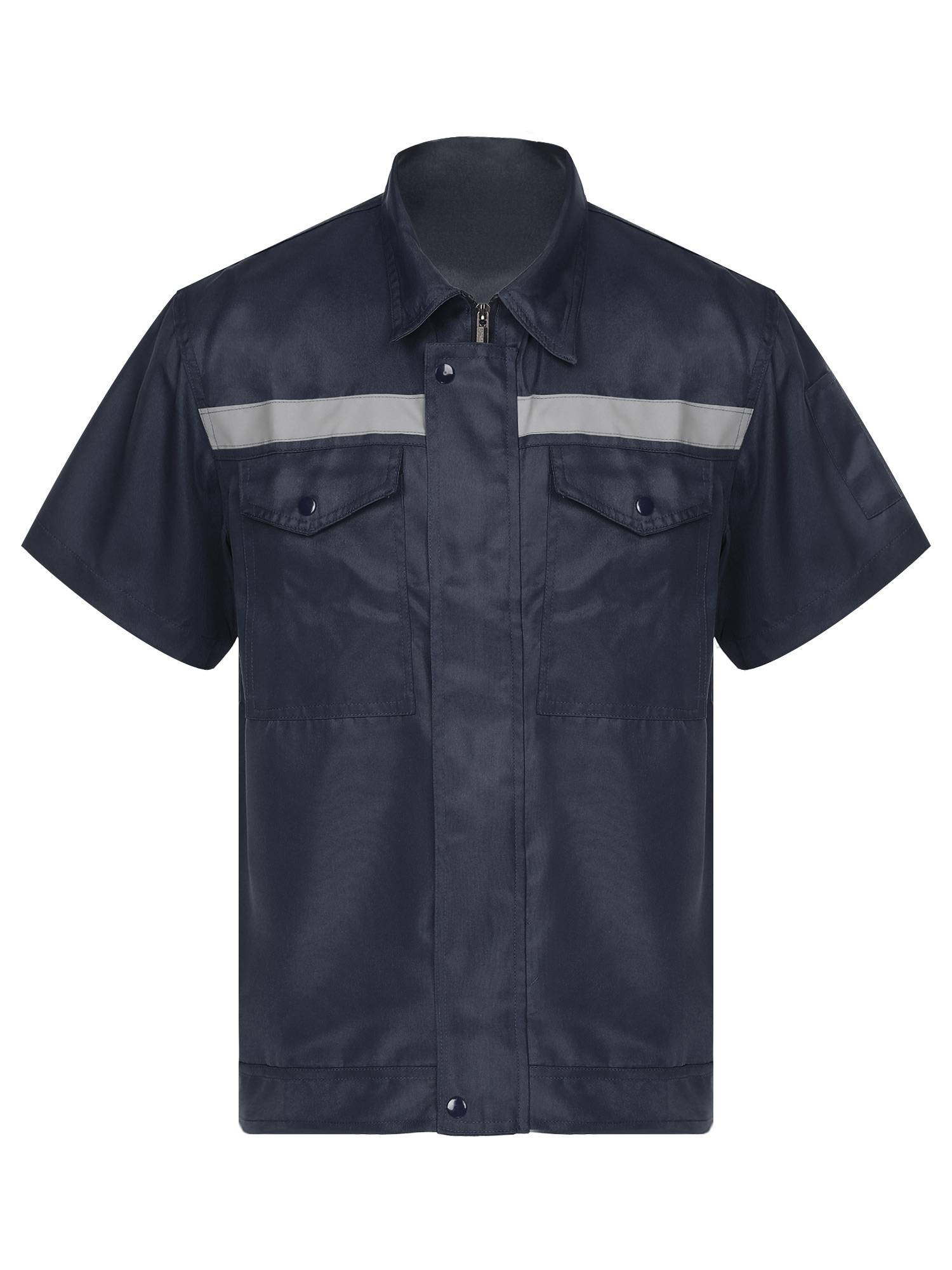 Men Short Sleeve High Visibility Reflective Stripes Zipper Work Shirt