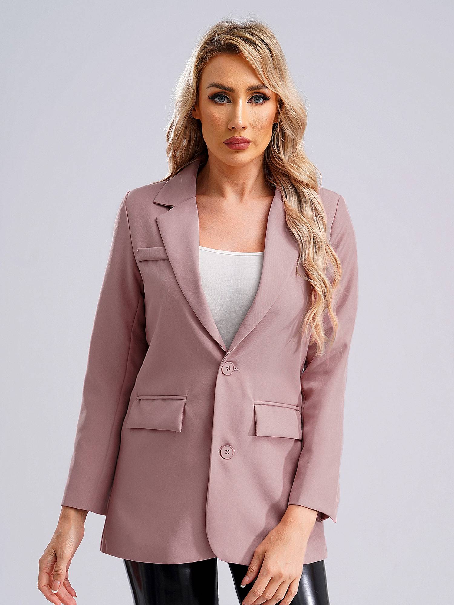 Women Solid Color Long Sleeve Notch Lapel Blazer