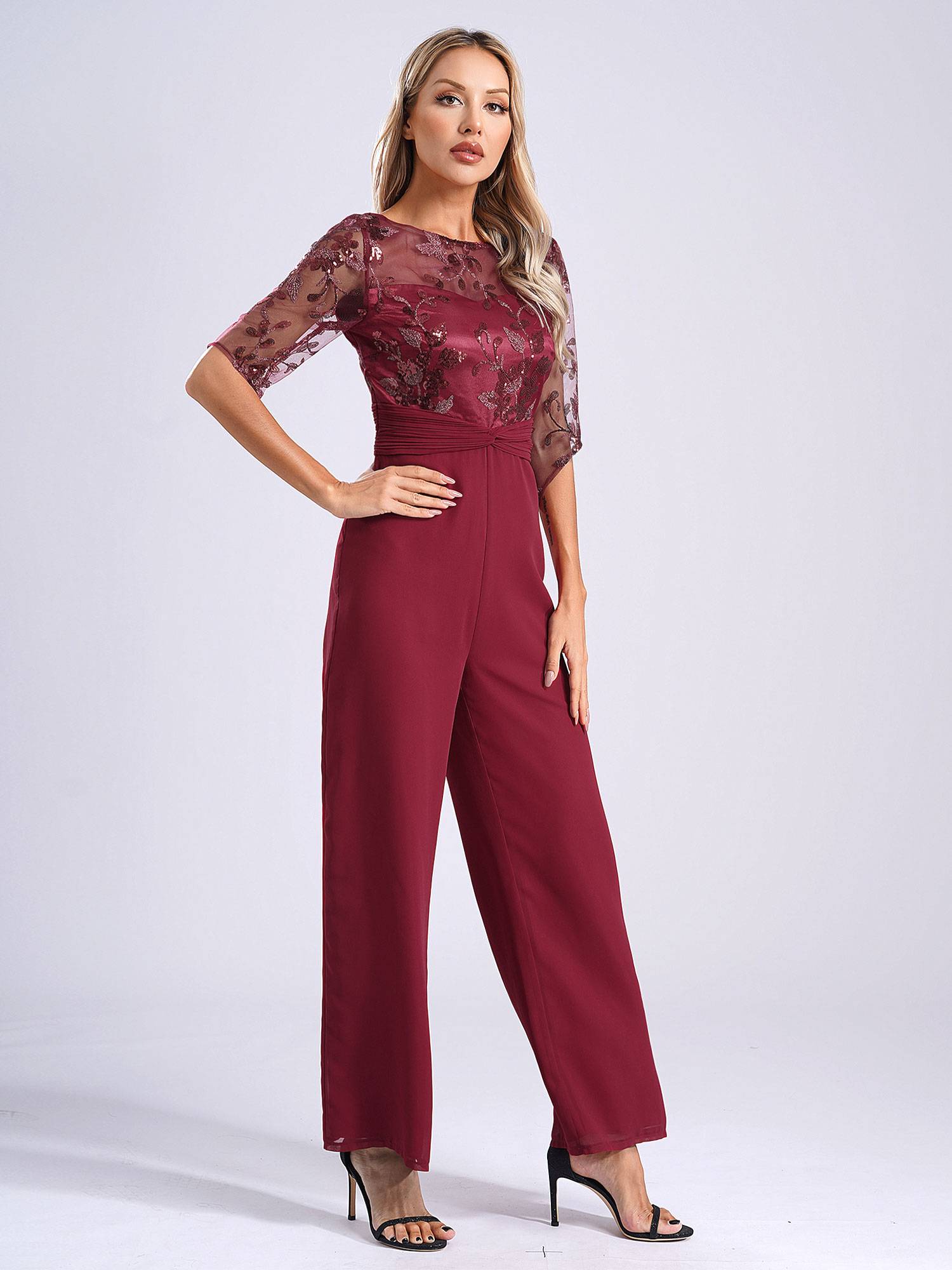 Women Sequined Mesh Short Sleeve Cocktail Jumpsuit