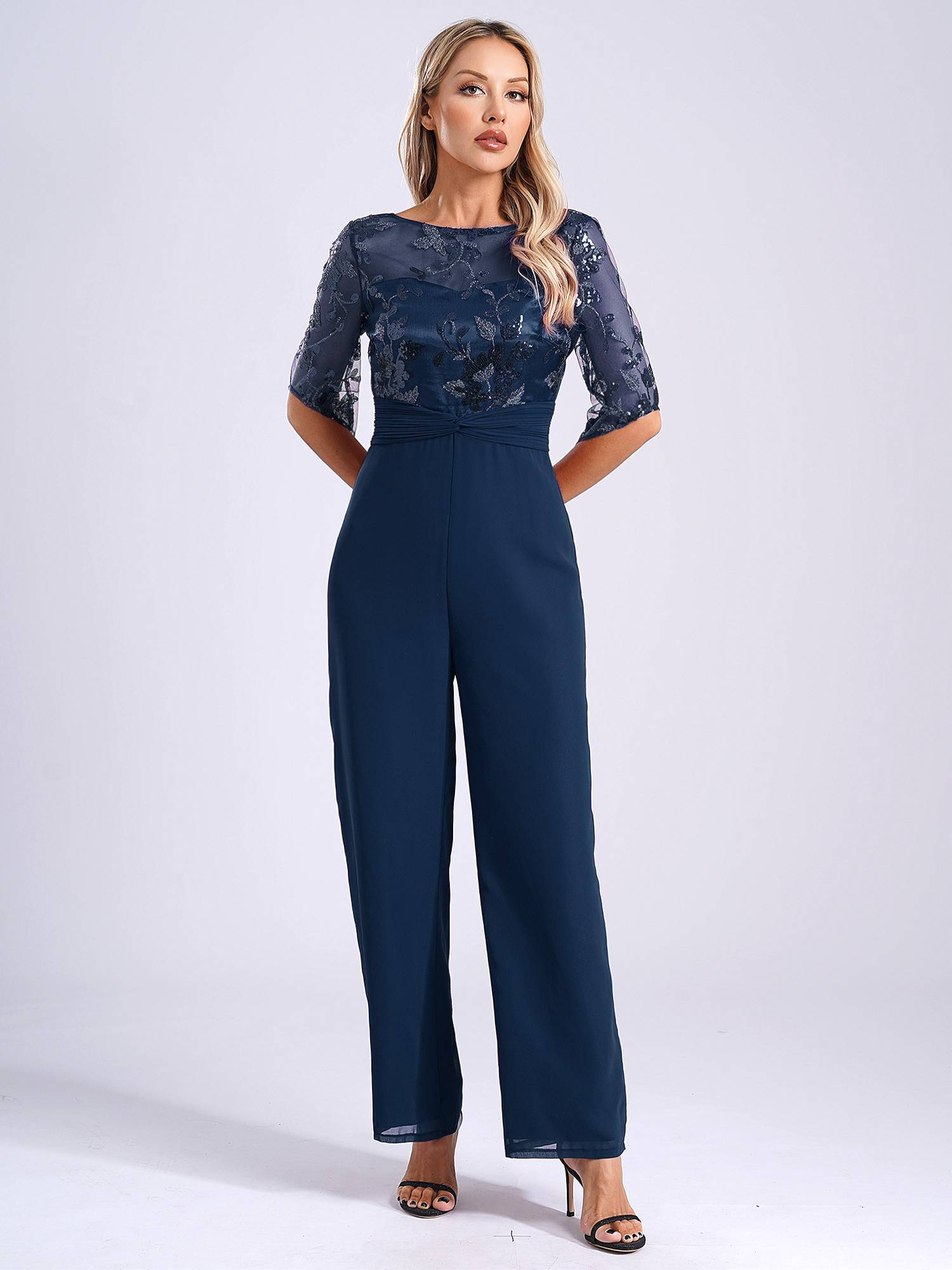 Women Sequined Mesh Short Sleeve Cocktail Jumpsuit