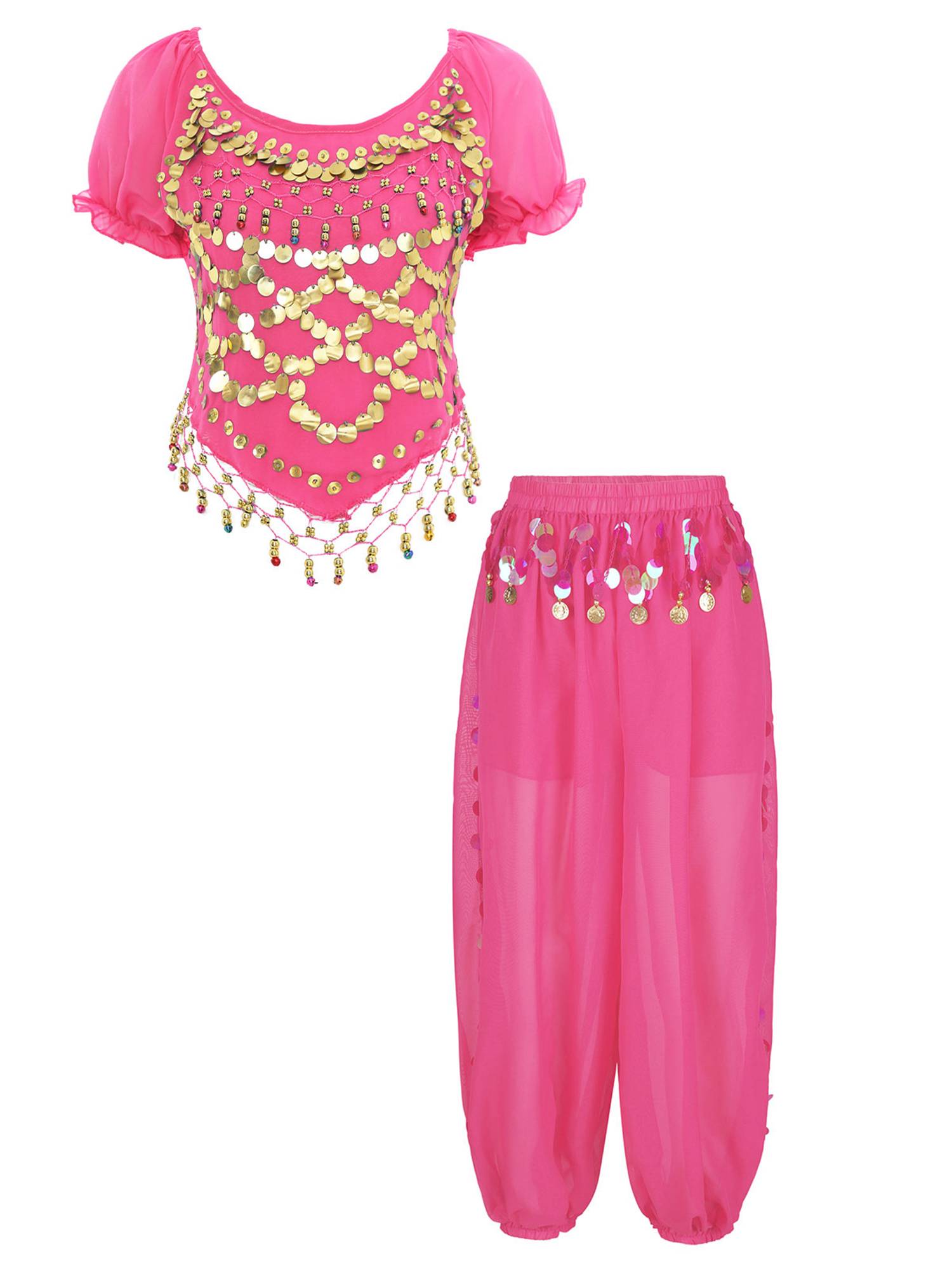 Women 2pcs Short Sleeve Sequined Crop Top and Side Slit Pants Belly Dance Set