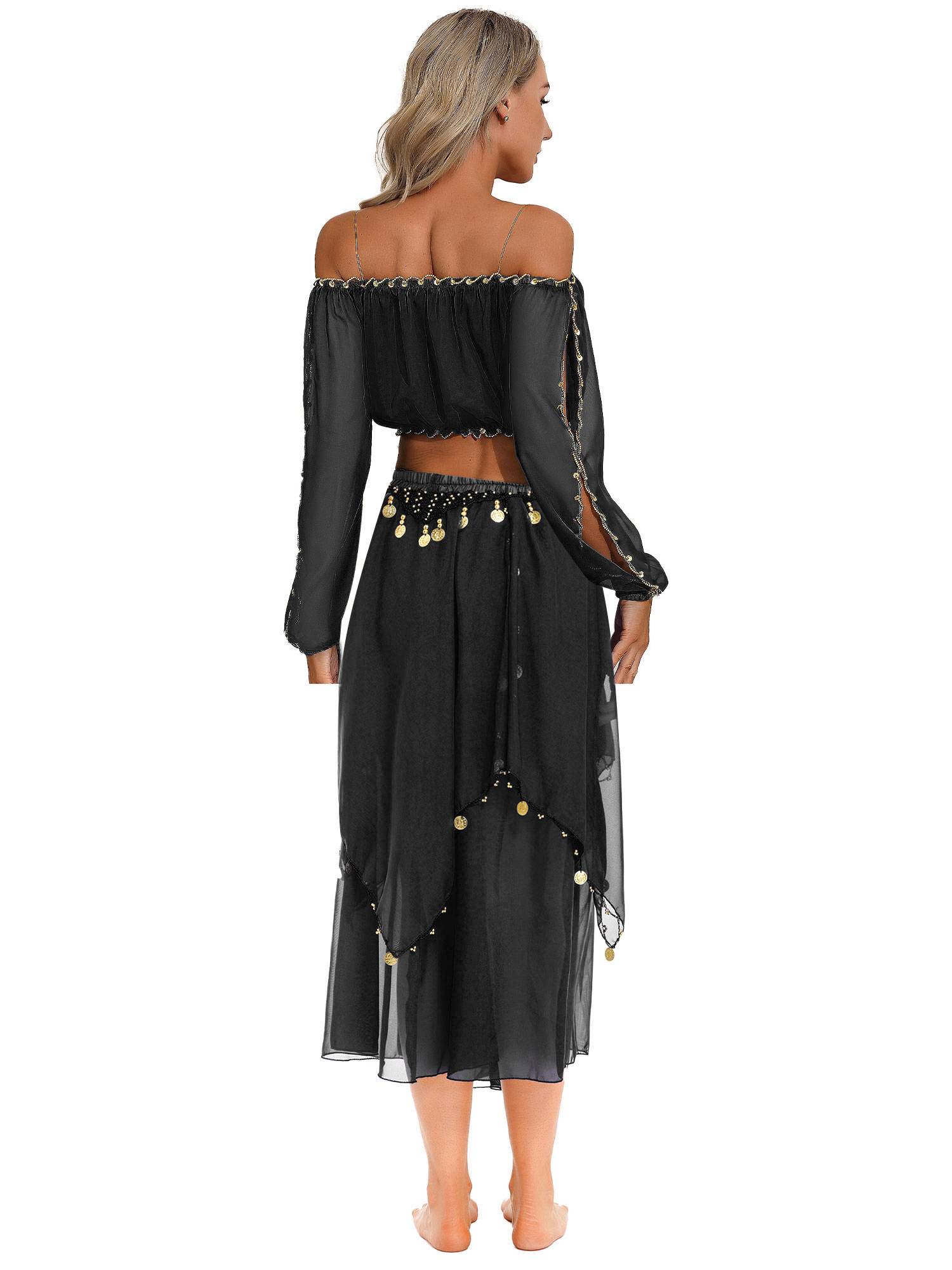 Women Off Shoulder Puff Sleeve Crop Top and Sequin Chiffon Skirt Belly Dance Set