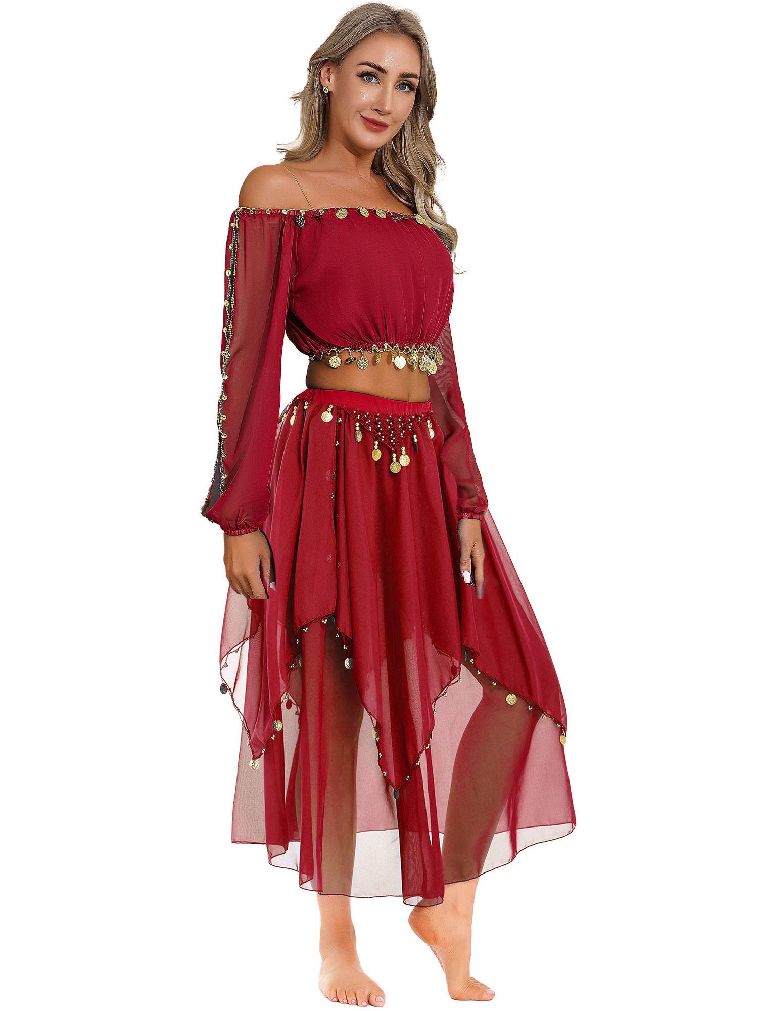 Women Off Shoulder Puff Sleeve Crop Top and Sequin Chiffon Skirt Belly Dance Set