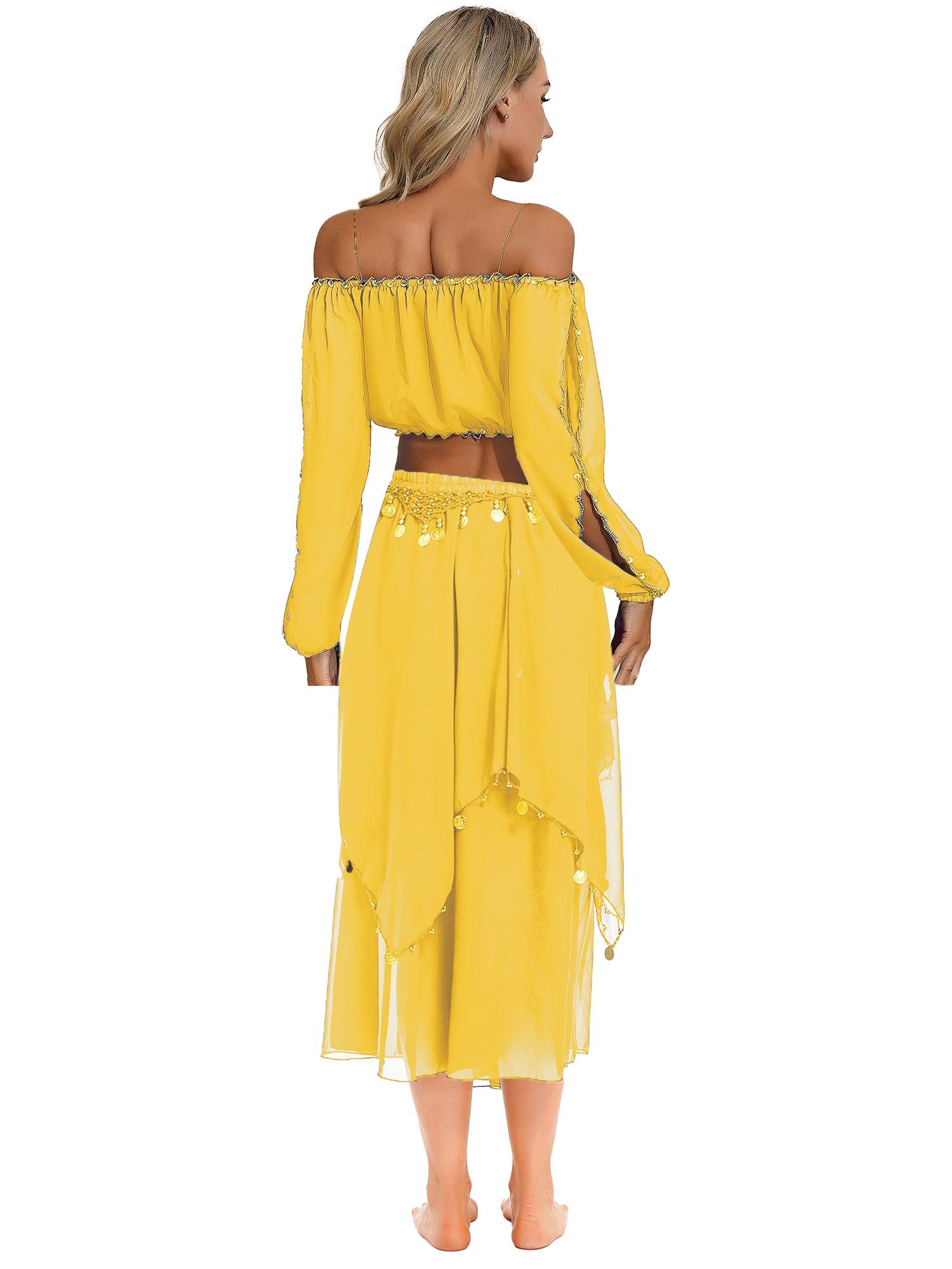 Women Off Shoulder Puff Sleeve Crop Top and Sequin Chiffon Skirt Belly Dance Set