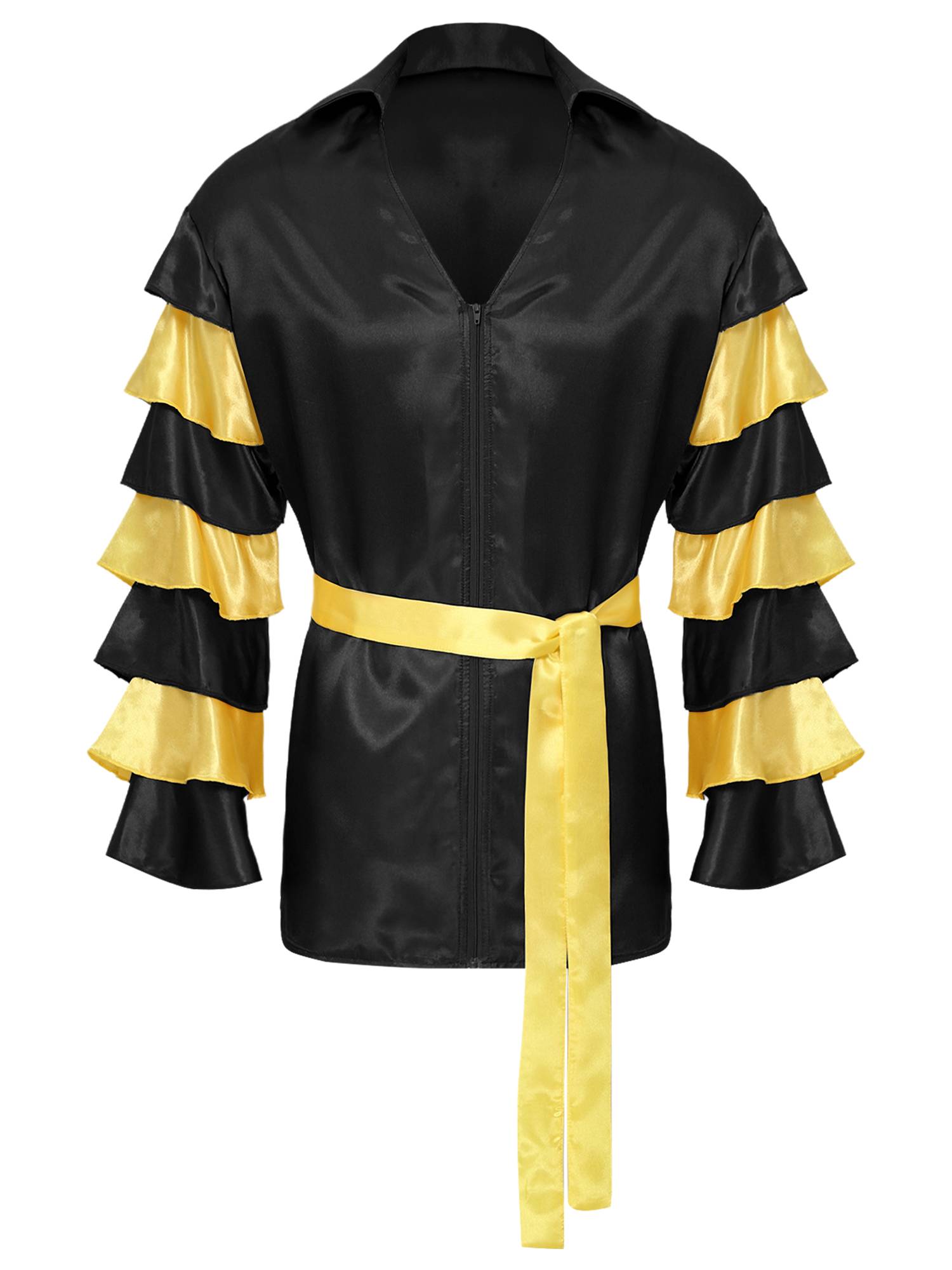 Men Satiny Lapel V Neck Flare Sleeve Shirt with Belt for Carnivals