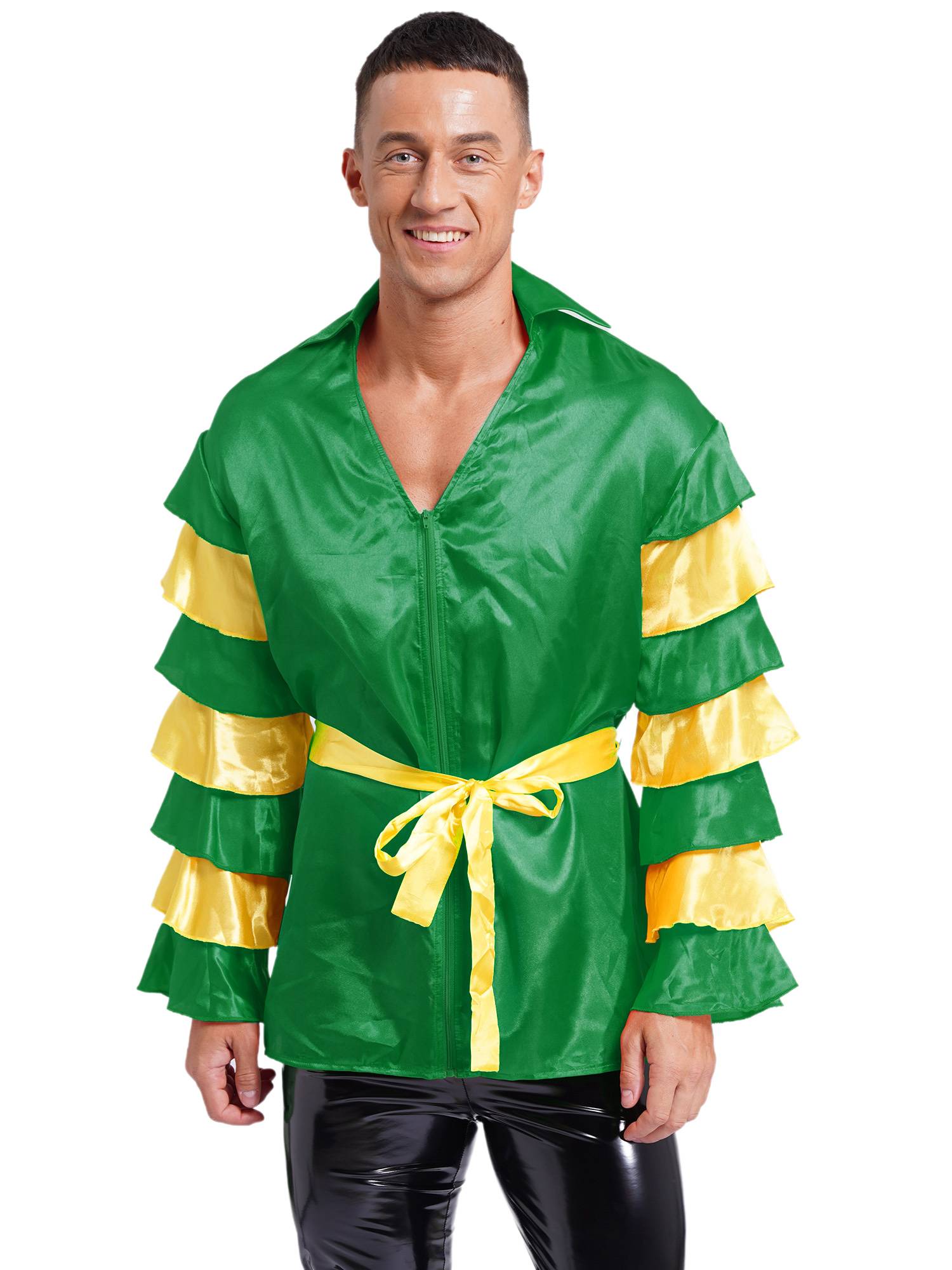 Men Satiny Lapel V Neck Flare Sleeve Shirt with Belt for Carnivals