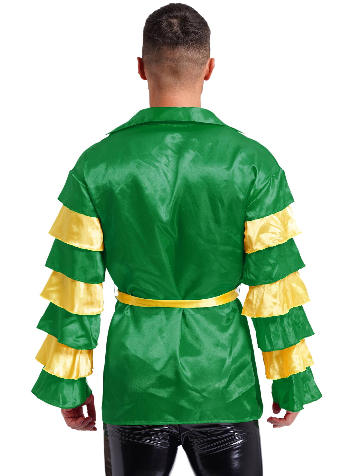 Men Satiny Lapel V Neck Flare Sleeve Shirt with Belt for Carnivals