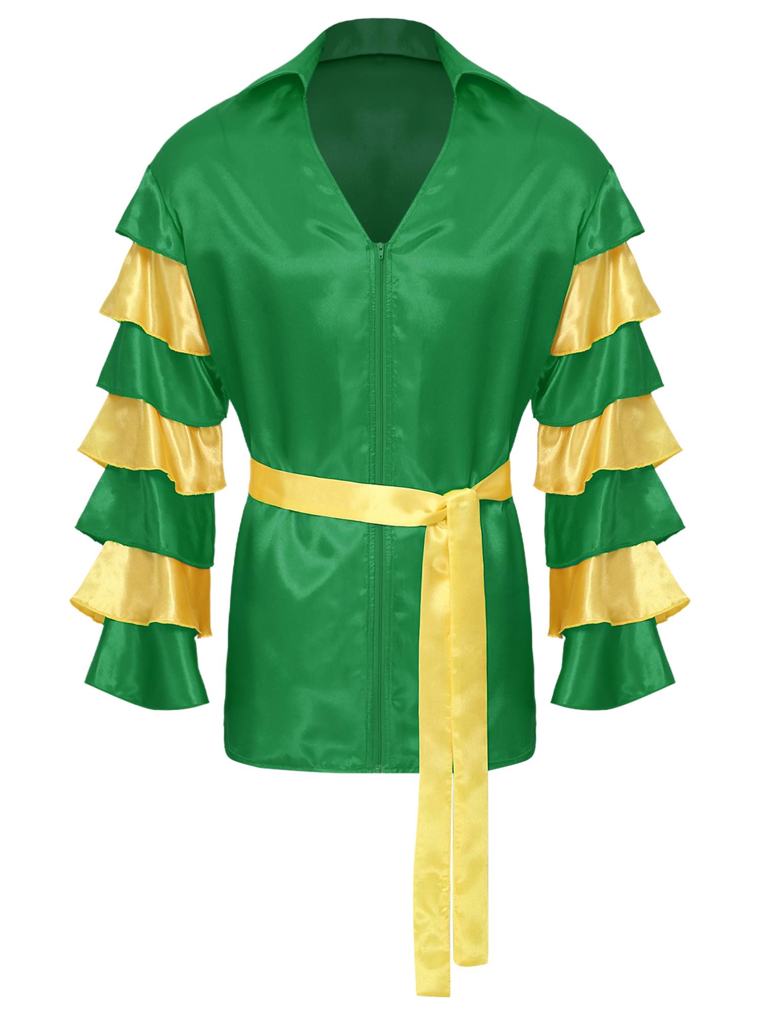 Men Satiny Lapel V Neck Flare Sleeve Shirt with Belt for Carnivals