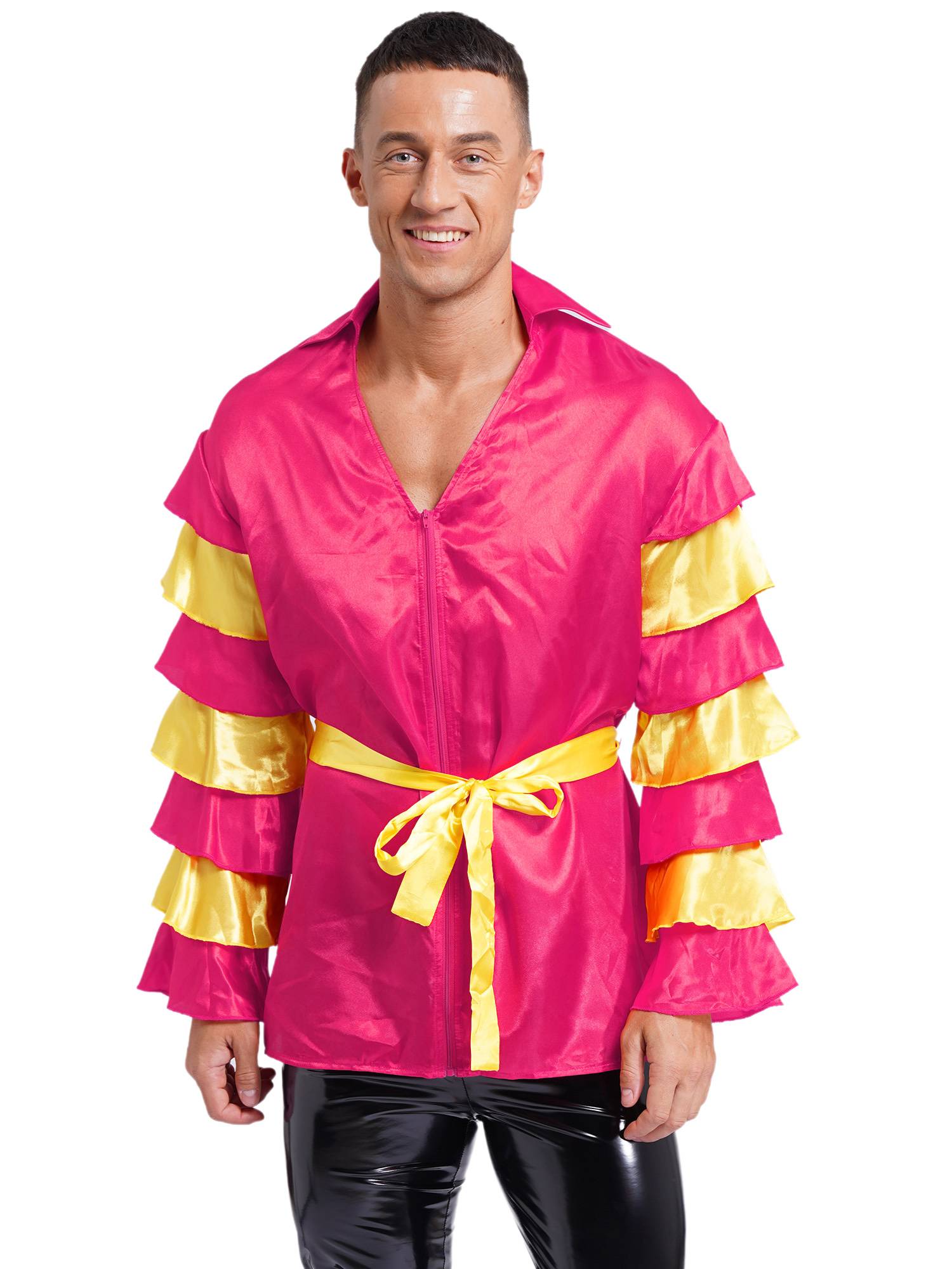 Men Satiny Lapel V Neck Flare Sleeve Shirt with Belt for Carnivals