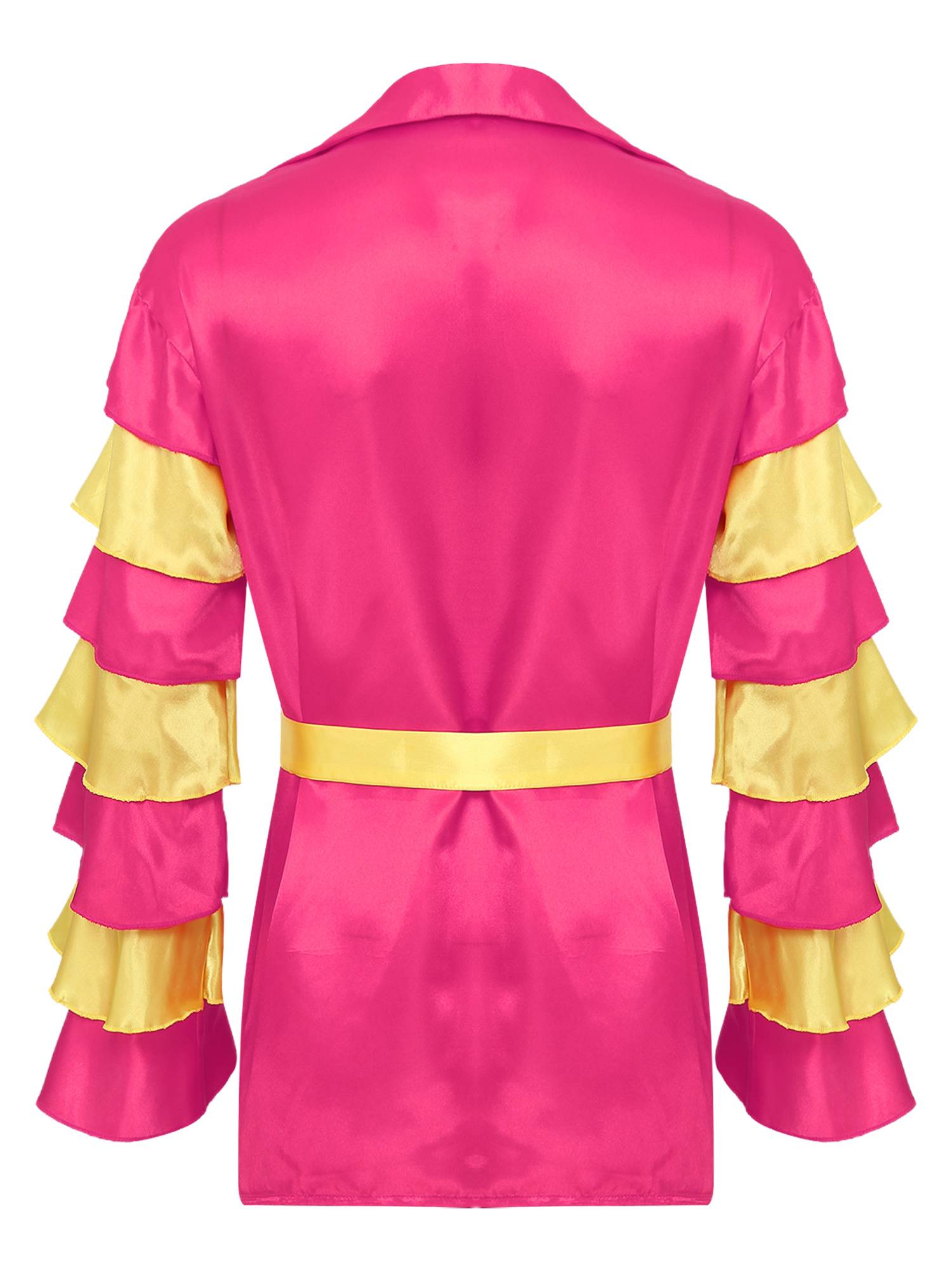 Men Satiny Lapel V Neck Flare Sleeve Shirt with Belt for Carnivals