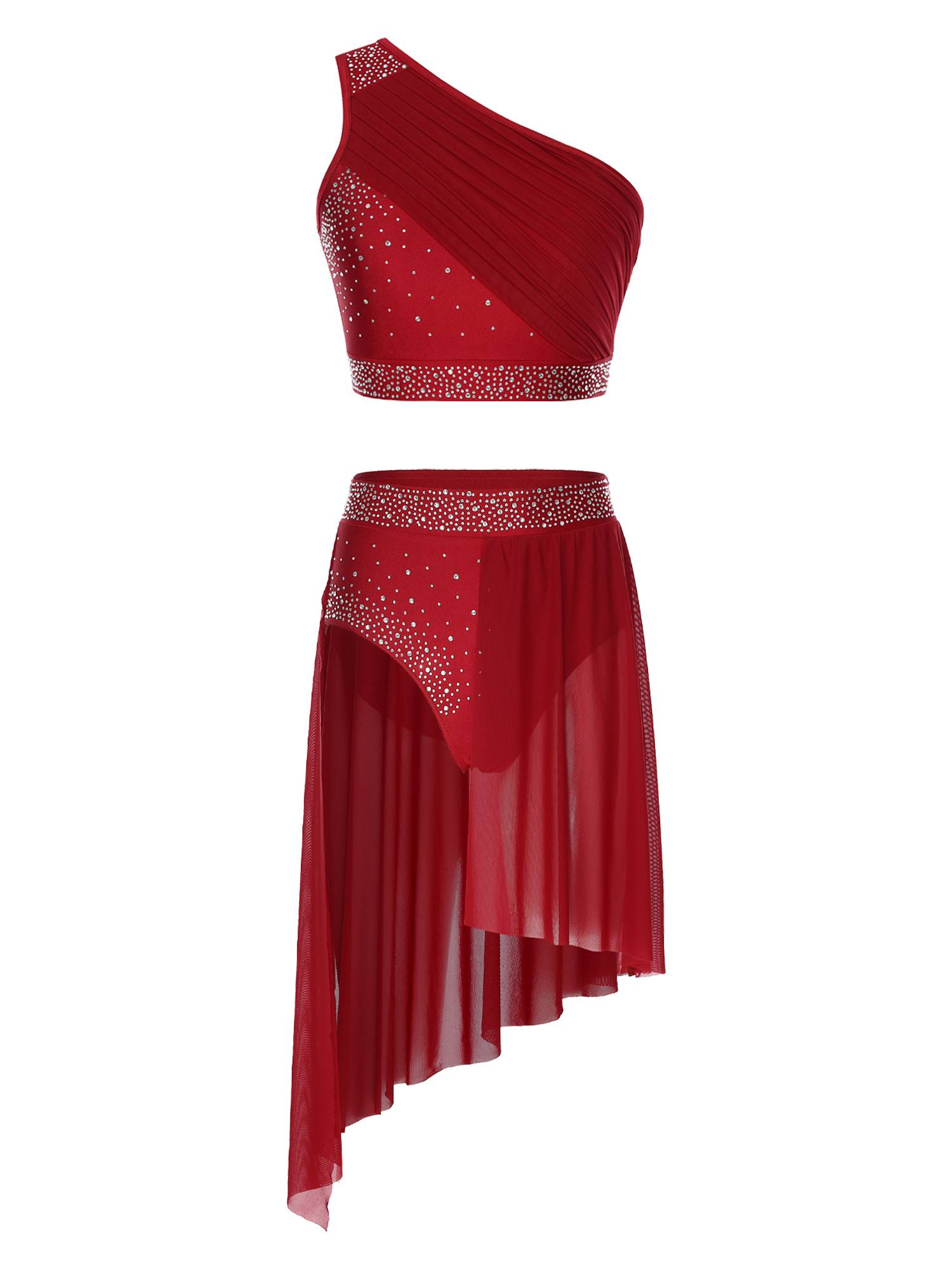 Women 2pcs One Shoulder Rhinestones Crop Top and Asymmetrical Skirt Dance Set