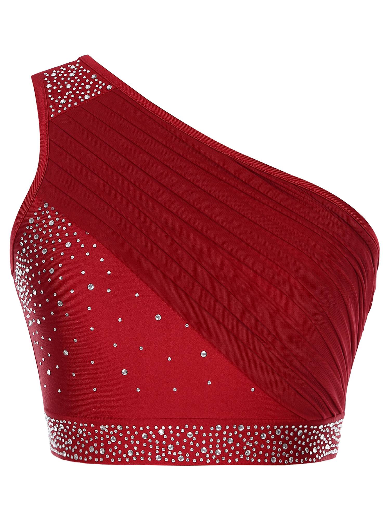 Women 2pcs One Shoulder Rhinestones Crop Top and Asymmetrical Skirt Dance Set