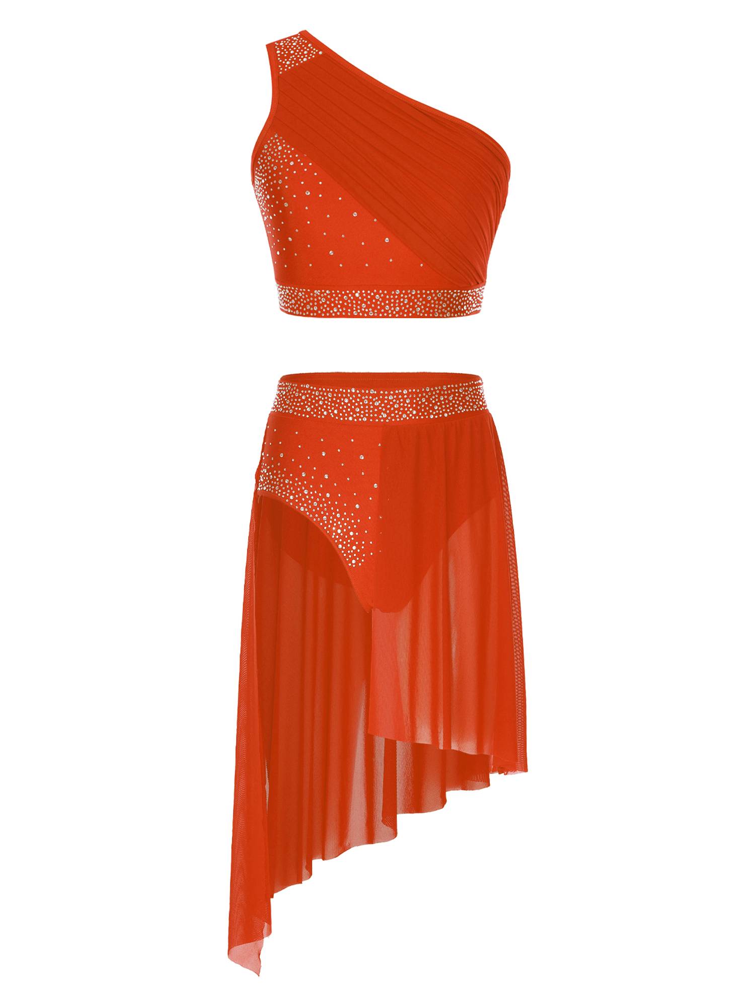 Women 2pcs One Shoulder Rhinestones Crop Top and Asymmetrical Skirt Dance Set