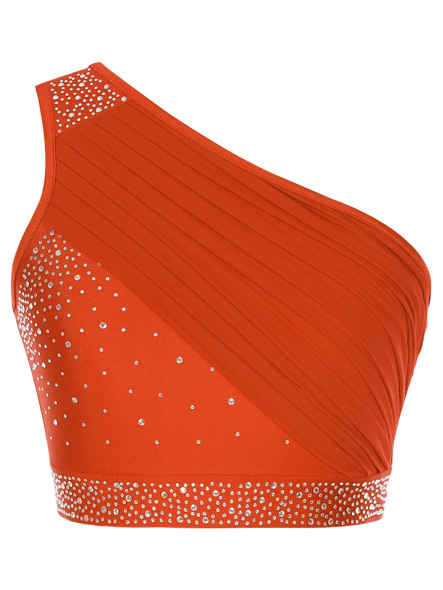 Women 2pcs One Shoulder Rhinestones Crop Top and Asymmetrical Skirt Dance Set