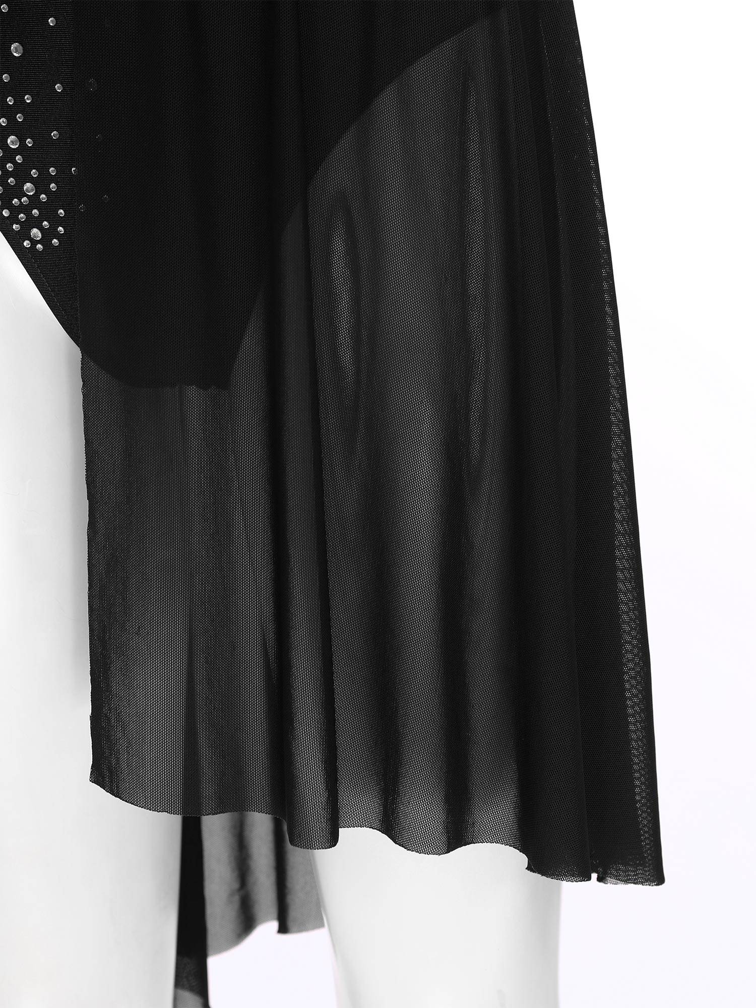 Women 2pcs One Shoulder Rhinestones Crop Top and Asymmetrical Skirt Dance Set