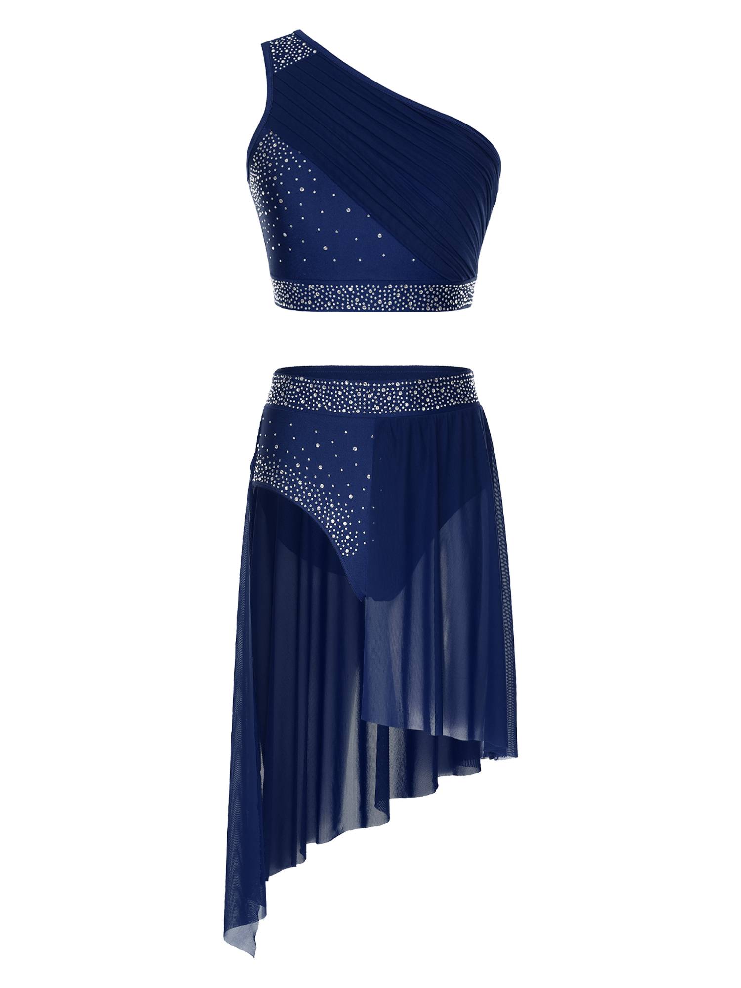 Women 2pcs One Shoulder Rhinestones Crop Top and Asymmetrical Skirt Dance Set