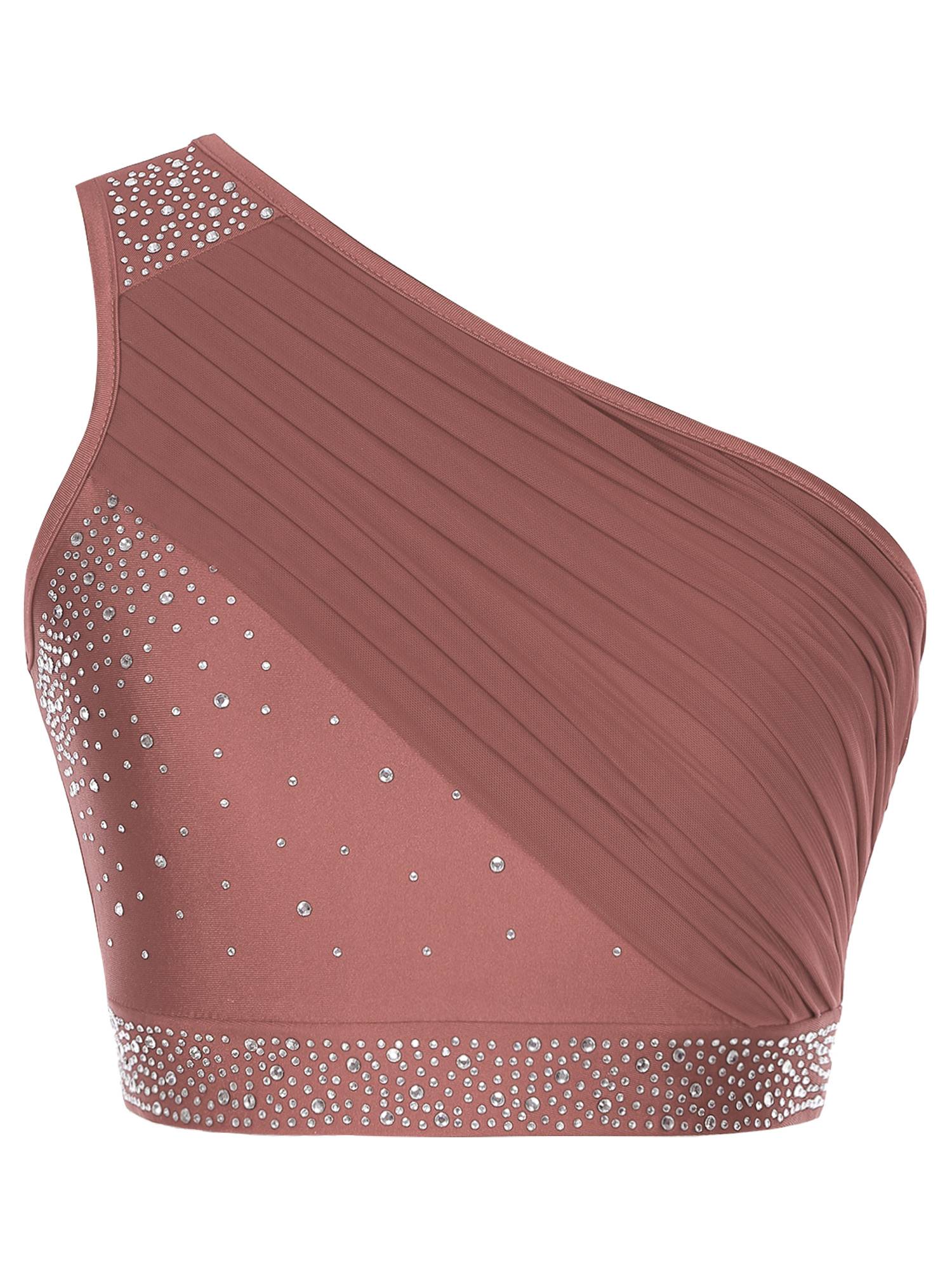 Women 2pcs One Shoulder Rhinestones Crop Top and Asymmetrical Skirt Dance Set