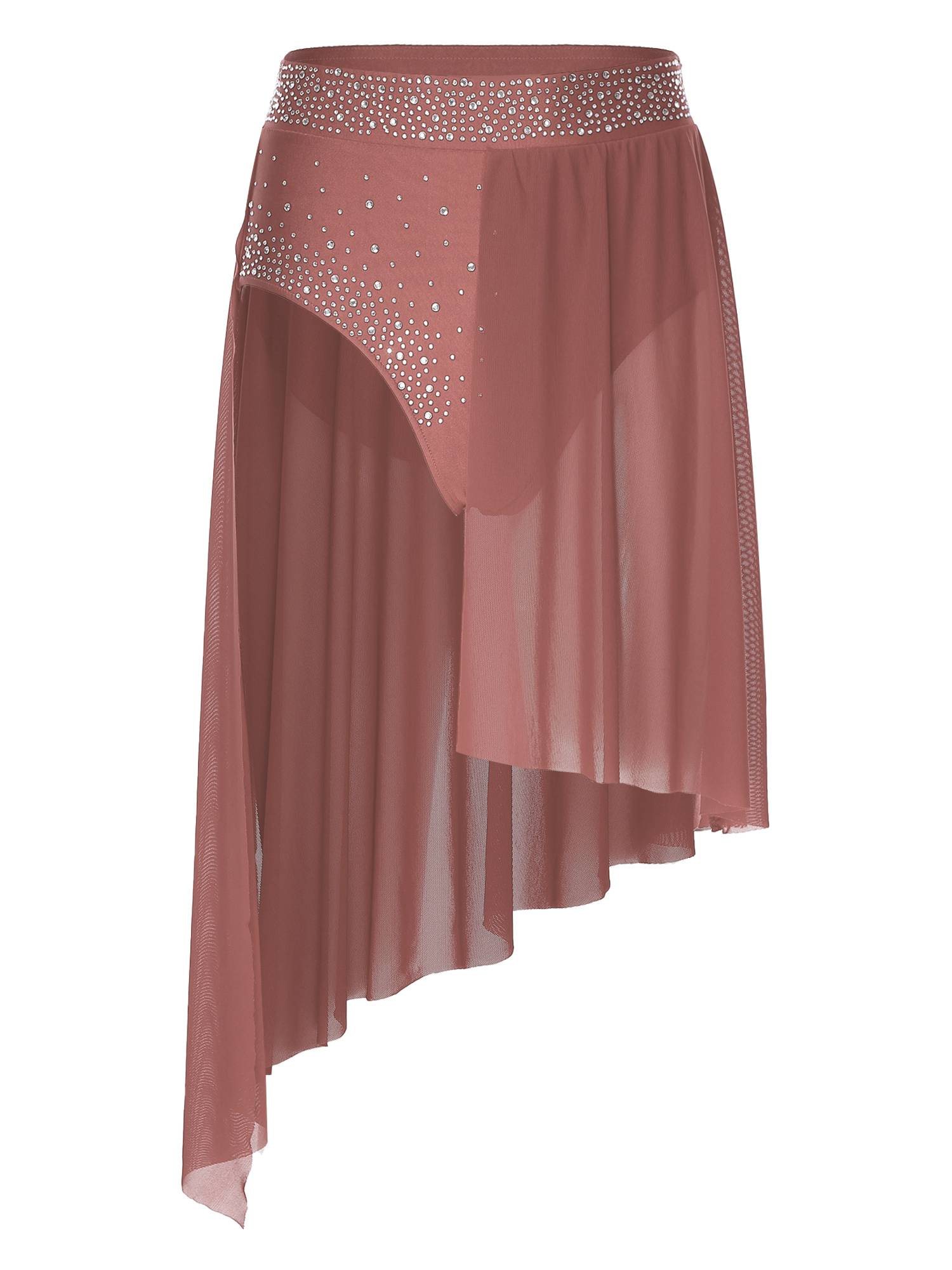 Women 2pcs One Shoulder Rhinestones Crop Top and Asymmetrical Skirt Dance Set