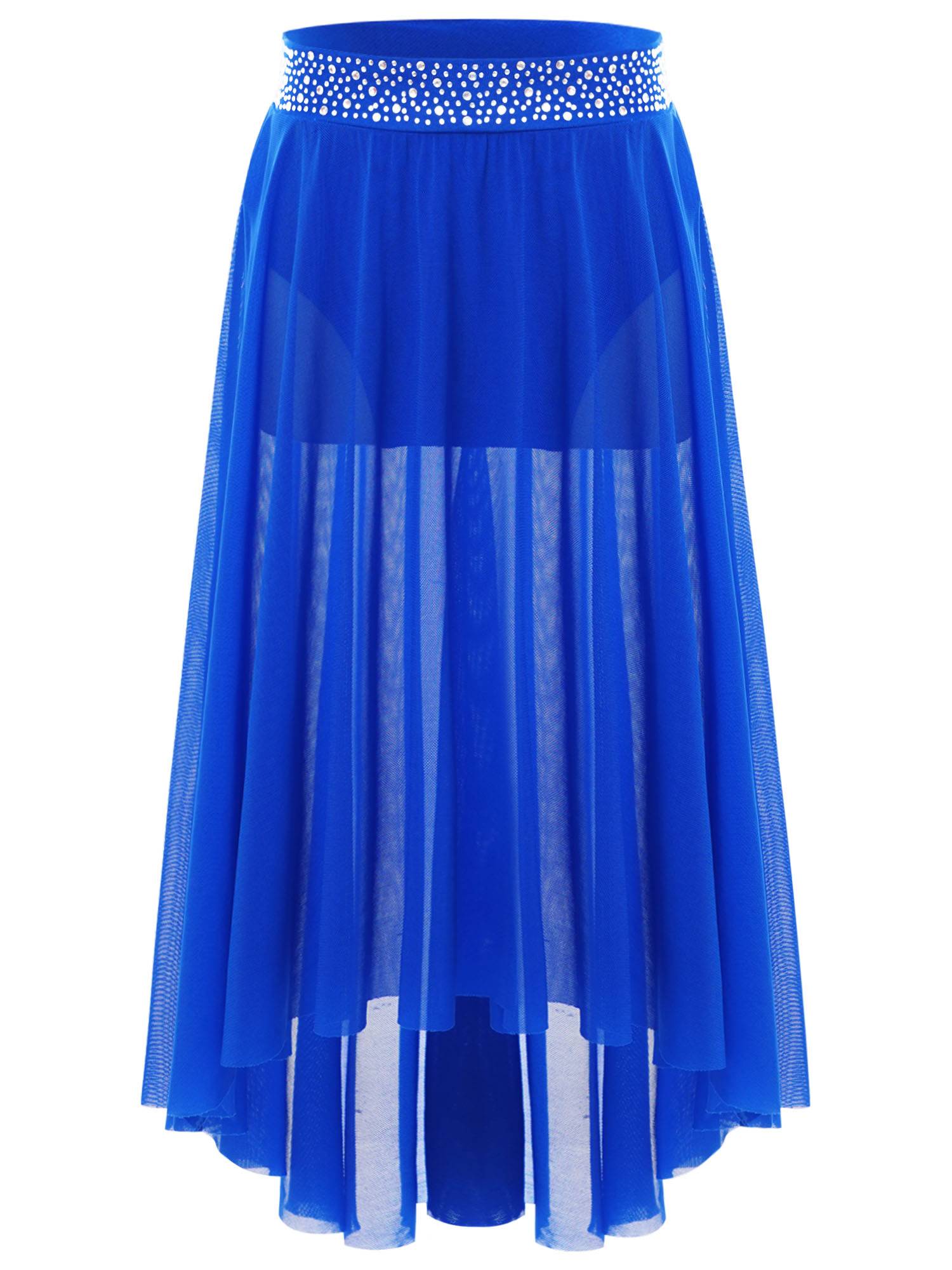 Kids Girls Rhinestones Mesh Hi-Lo Skirt for Lyrical Contemporary Dance
