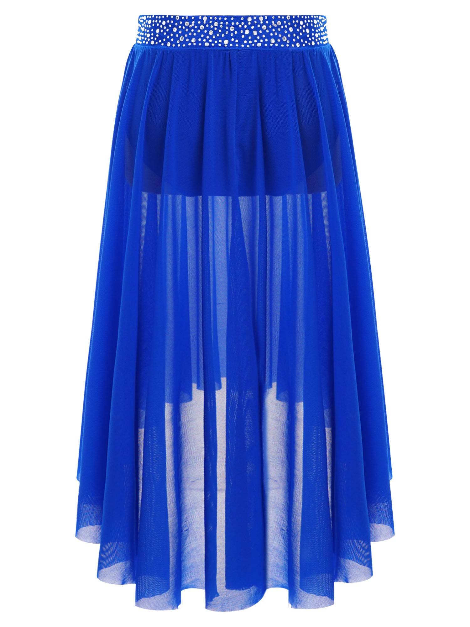 Kids Girls Rhinestones Mesh Hi-Lo Skirt for Lyrical Contemporary Dance