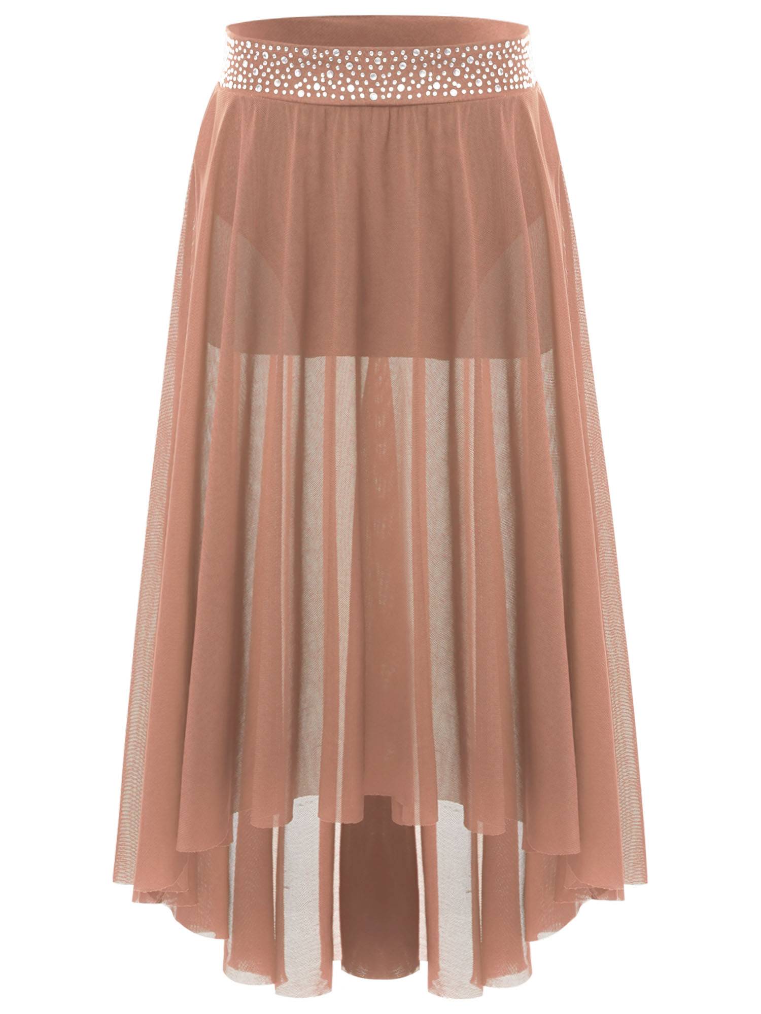 Kids Girls Rhinestones Mesh Hi-Lo Skirt for Lyrical Contemporary Dance