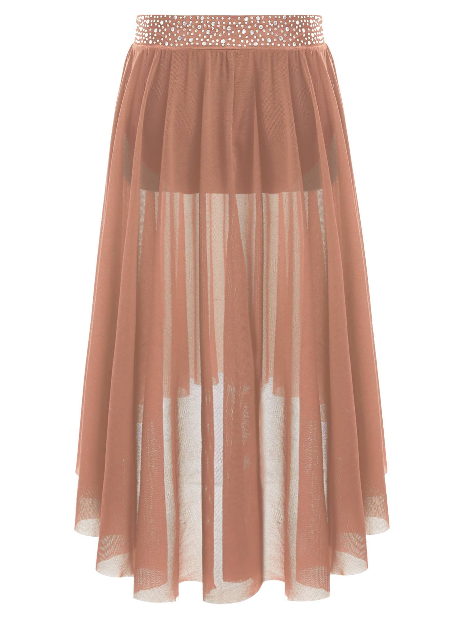 Kids Girls Rhinestones Mesh Hi-Lo Skirt for Lyrical Contemporary Dance