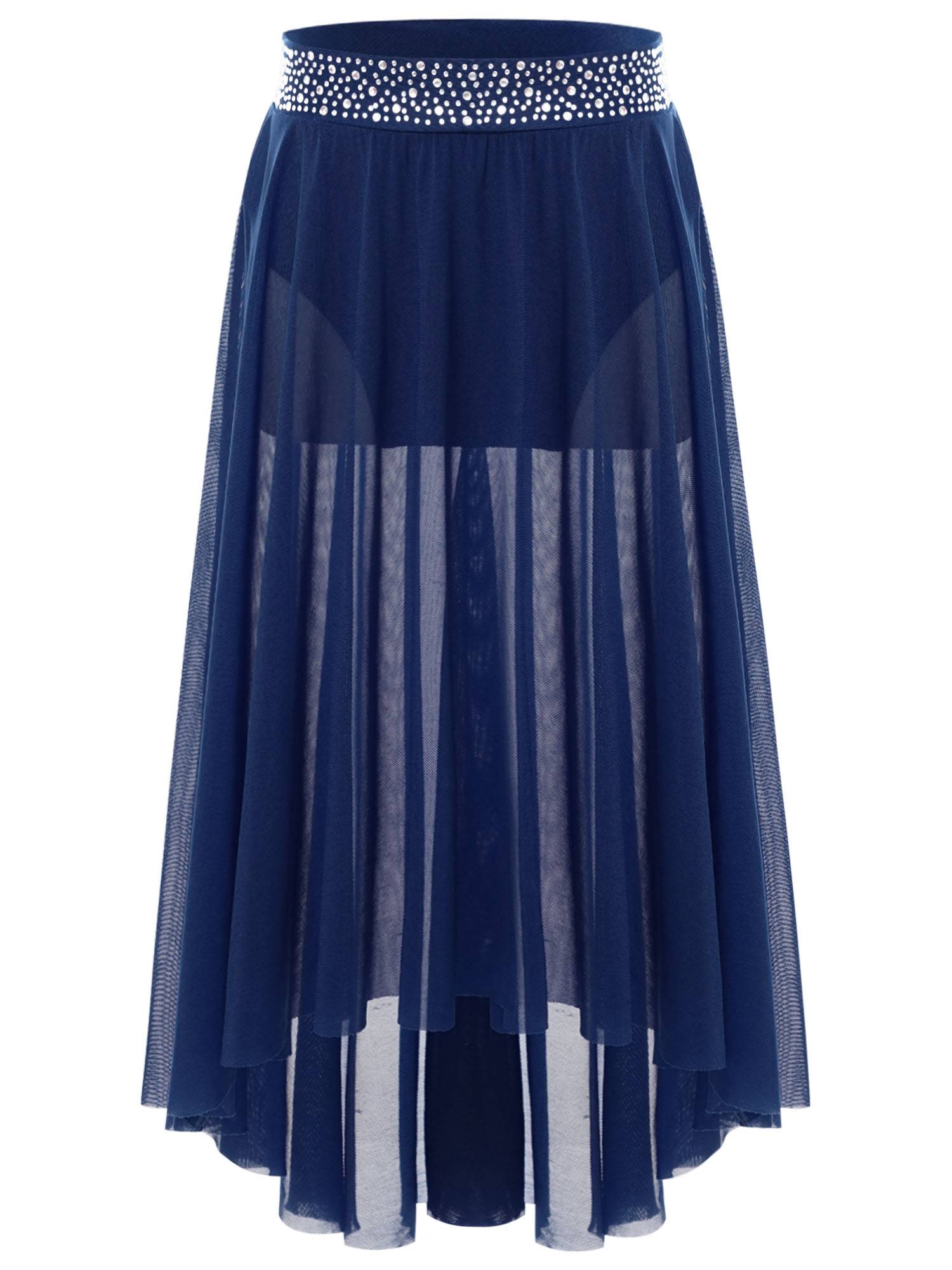 Kids Girls Rhinestones Mesh Hi-Lo Skirt for Lyrical Contemporary Dance