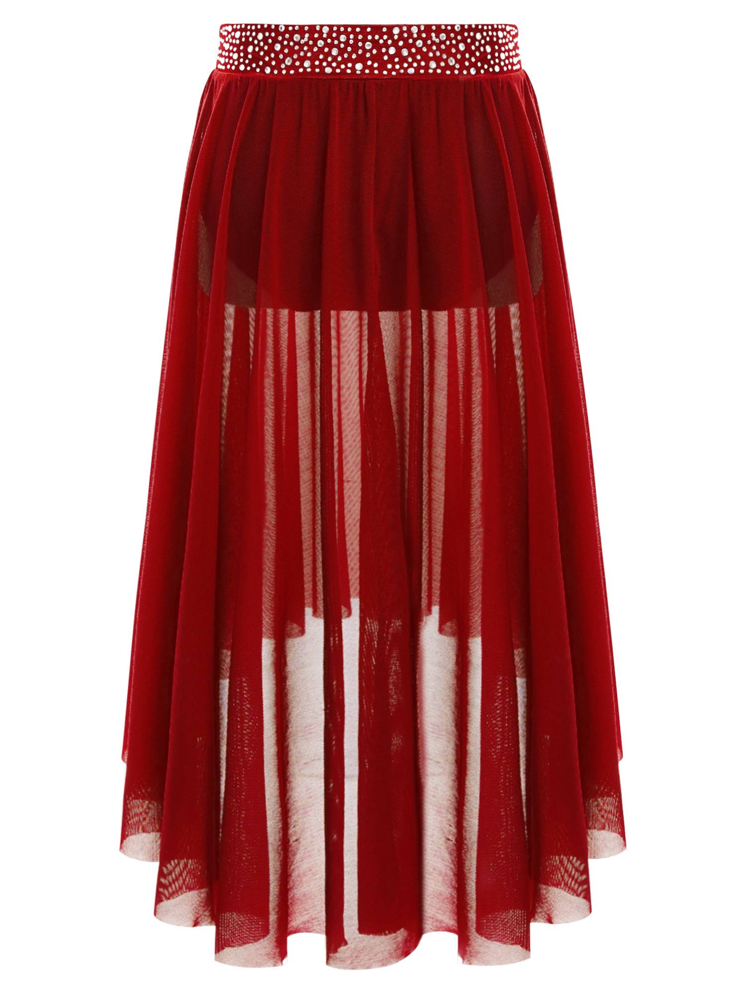 Kids Girls Rhinestones Mesh Hi-Lo Skirt for Lyrical Contemporary Dance