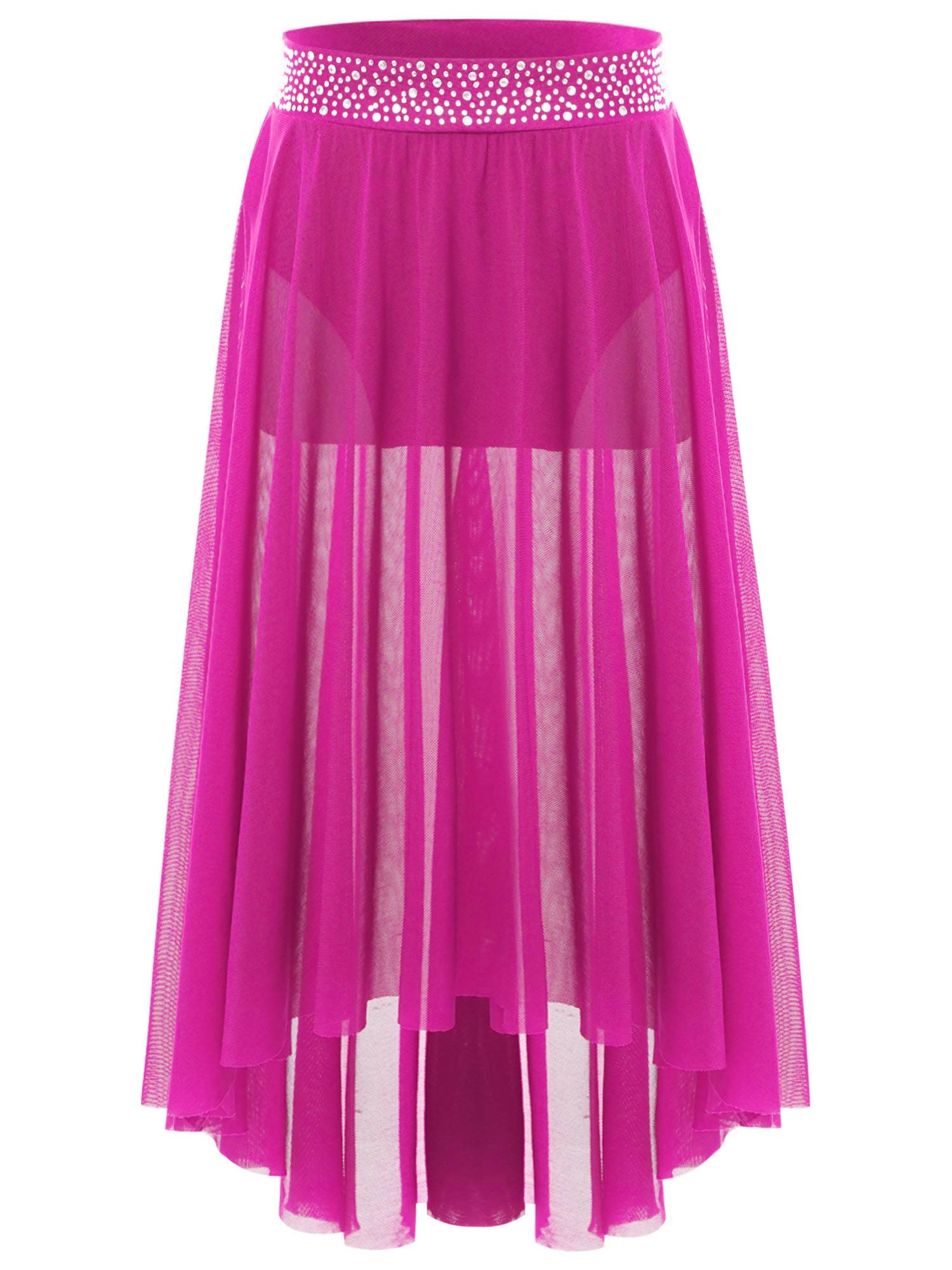 Kids Girls Rhinestones Mesh Hi-Lo Skirt for Lyrical Contemporary Dance